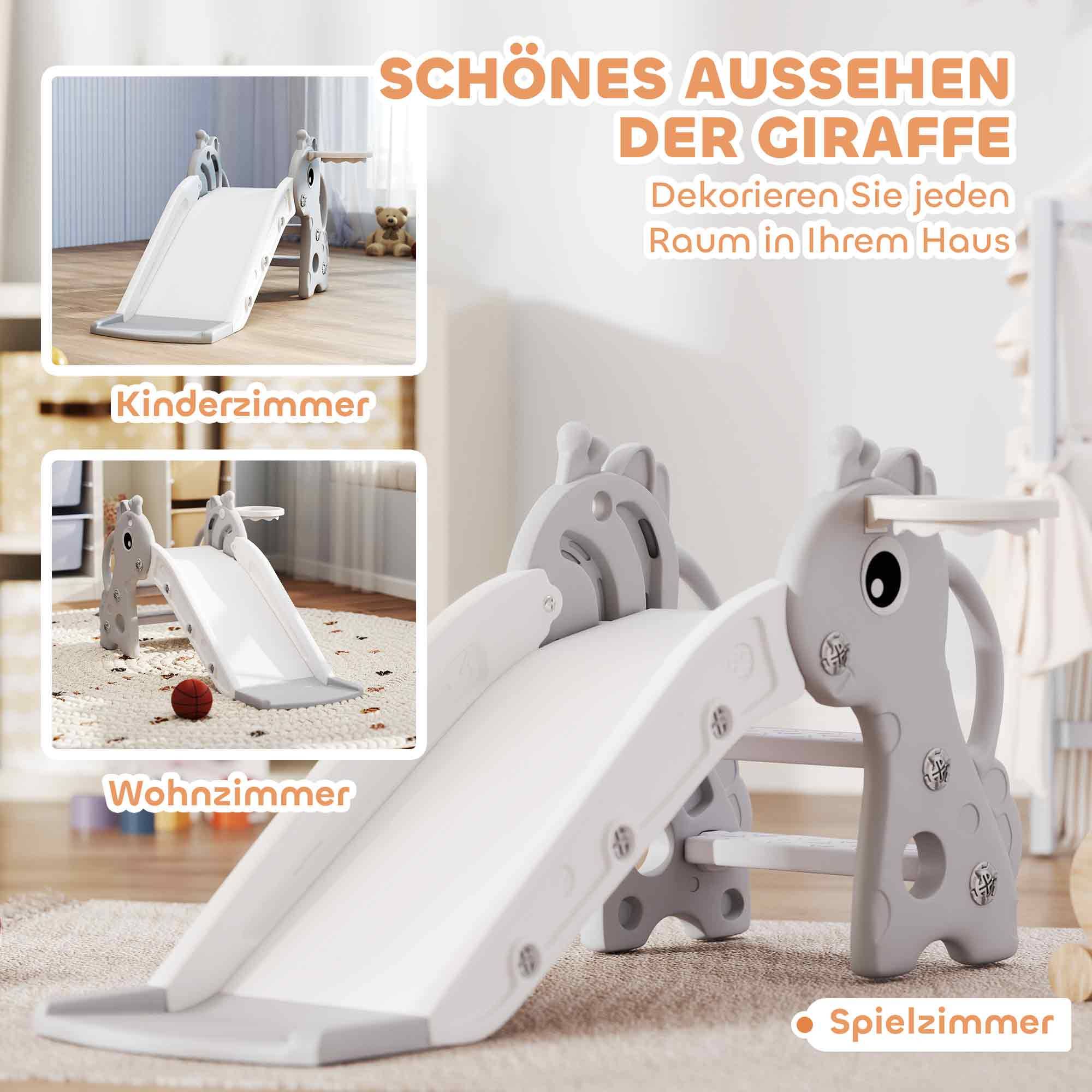 Toboggan 3 en 1 pour enfants, en forme de girafe, avec panier de basket et ballon, gris - Image 7
