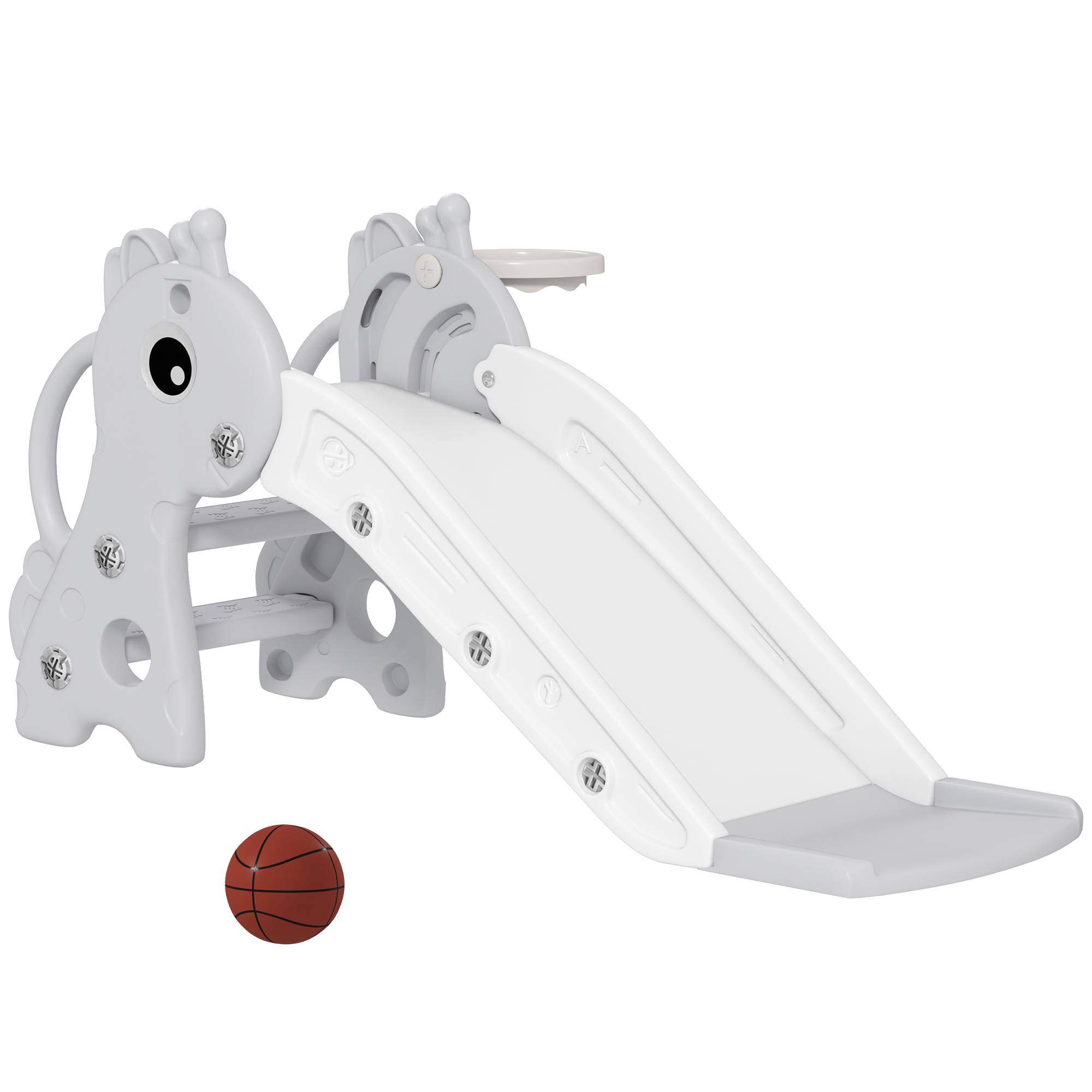 Toboggan 3 en 1 pour enfants, en forme de girafe, avec panier de basket et ballon, gris - Image 1