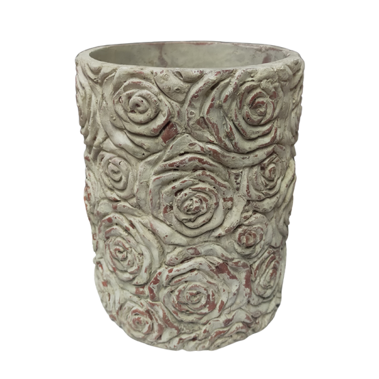 ~ Cache-pot "Roses en relief" en béton gris Ø.13 x 16.5 cm Chemin de campagne