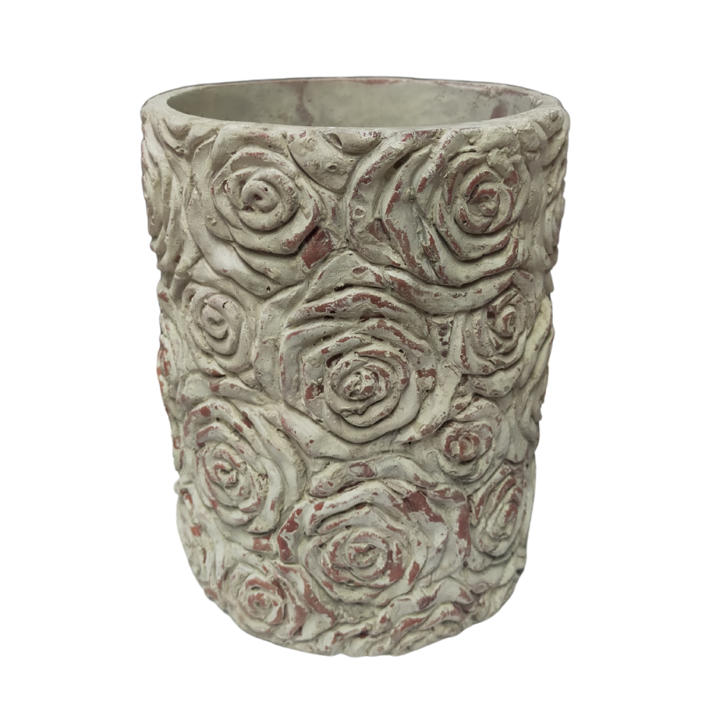 ~ Cache-pot "Roses en relief" en béton gris Ø.13 x 16.5 cm Chemin de campagne
