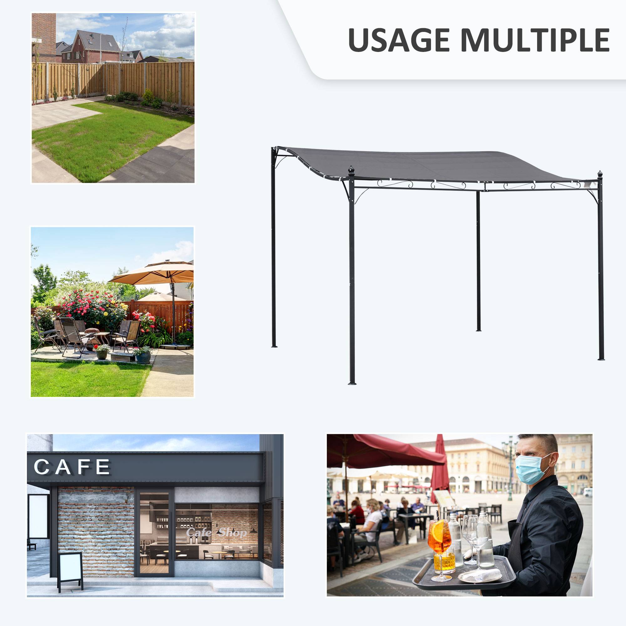 Pergola Adossée Métal Jardin Terrasse Protection Solaire Anti-UV 3x3m Gris - ComfortXL Outdoor Living - Image 8
