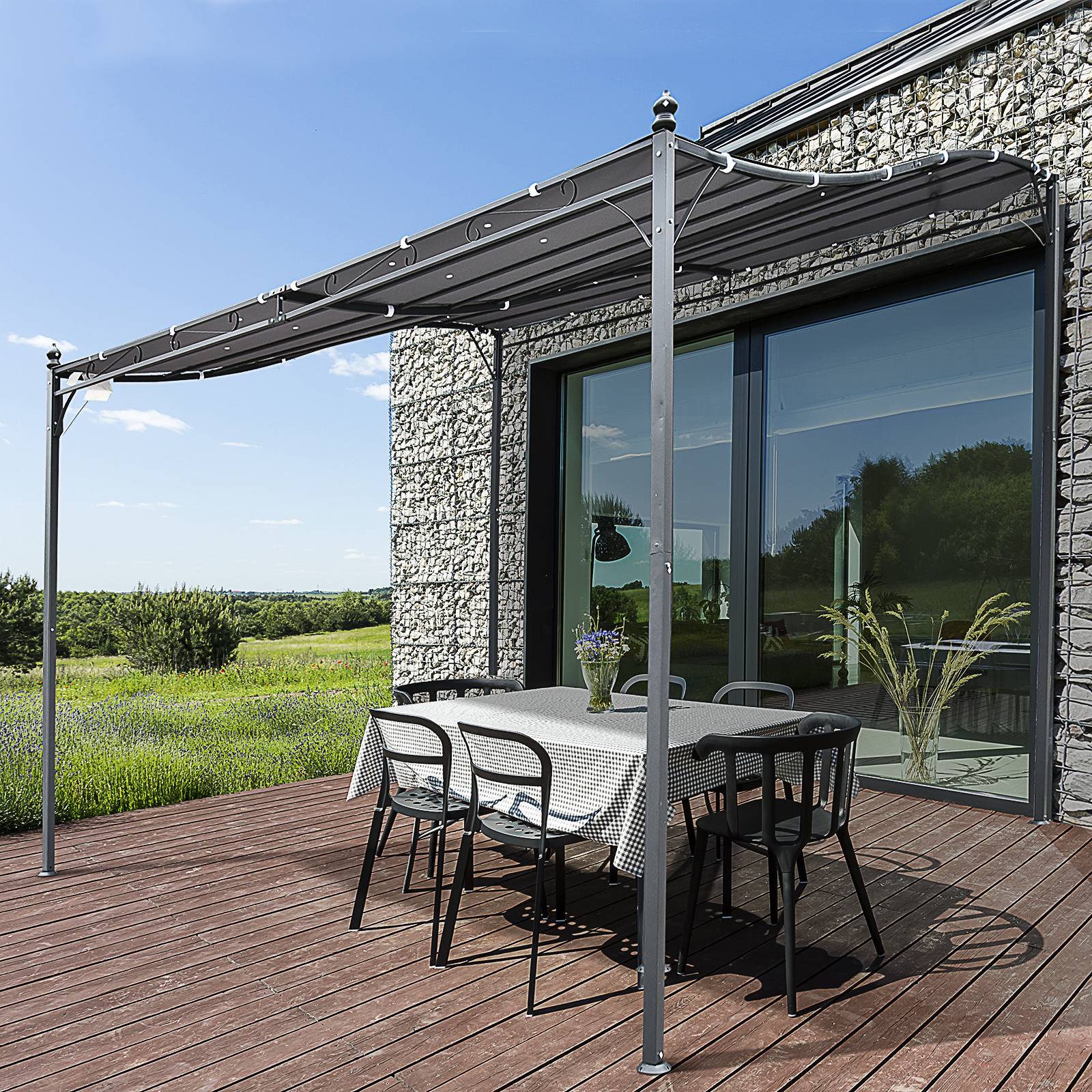 Pergola Adossée Métal Jardin Terrasse Protection Solaire Anti-UV 3x3m Gris - ComfortXL Outdoor Living - Image 3