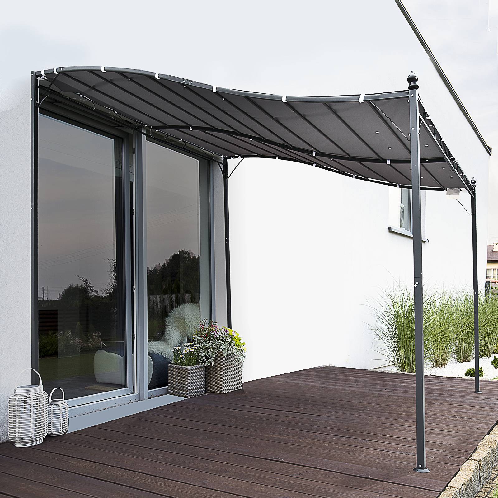 Pergola Adossée Métal Jardin Terrasse Protection Solaire Anti-UV 3x3m Gris - ComfortXL Outdoor Living - Image 4