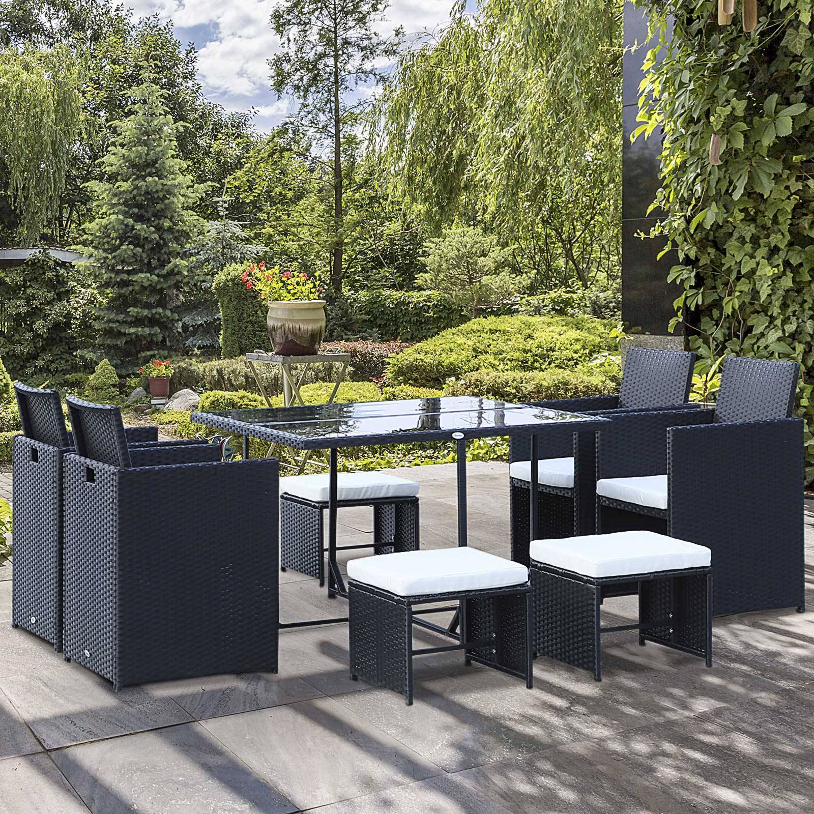 ComfortXL - Salon de jardin 8 places en résine tressée noir et blanc avec table chaises et tabourets gain de place - Image 1