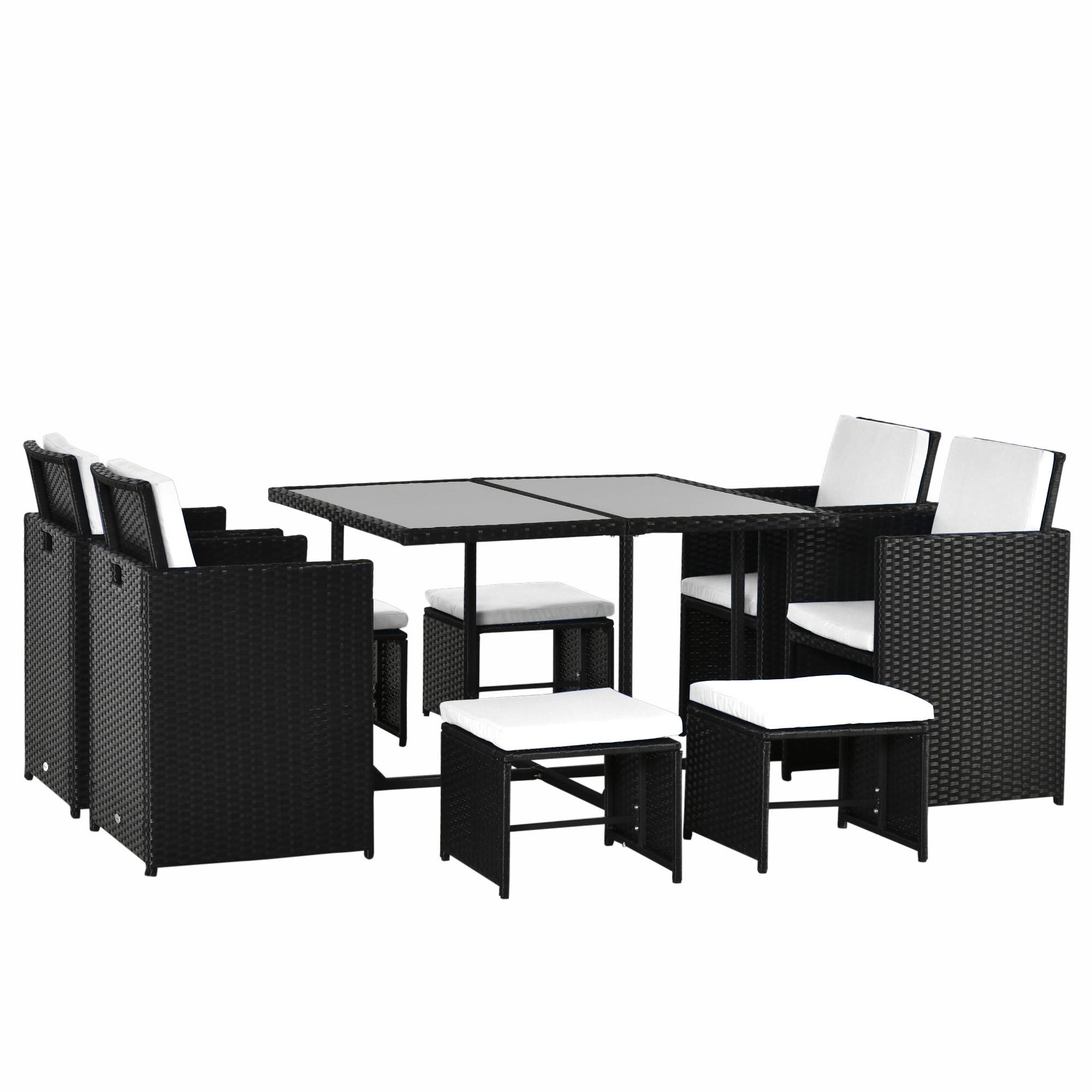 ComfortXL - Salon de jardin 8 places en résine tressée noir et blanc avec table chaises et tabourets gain de place - Image 10