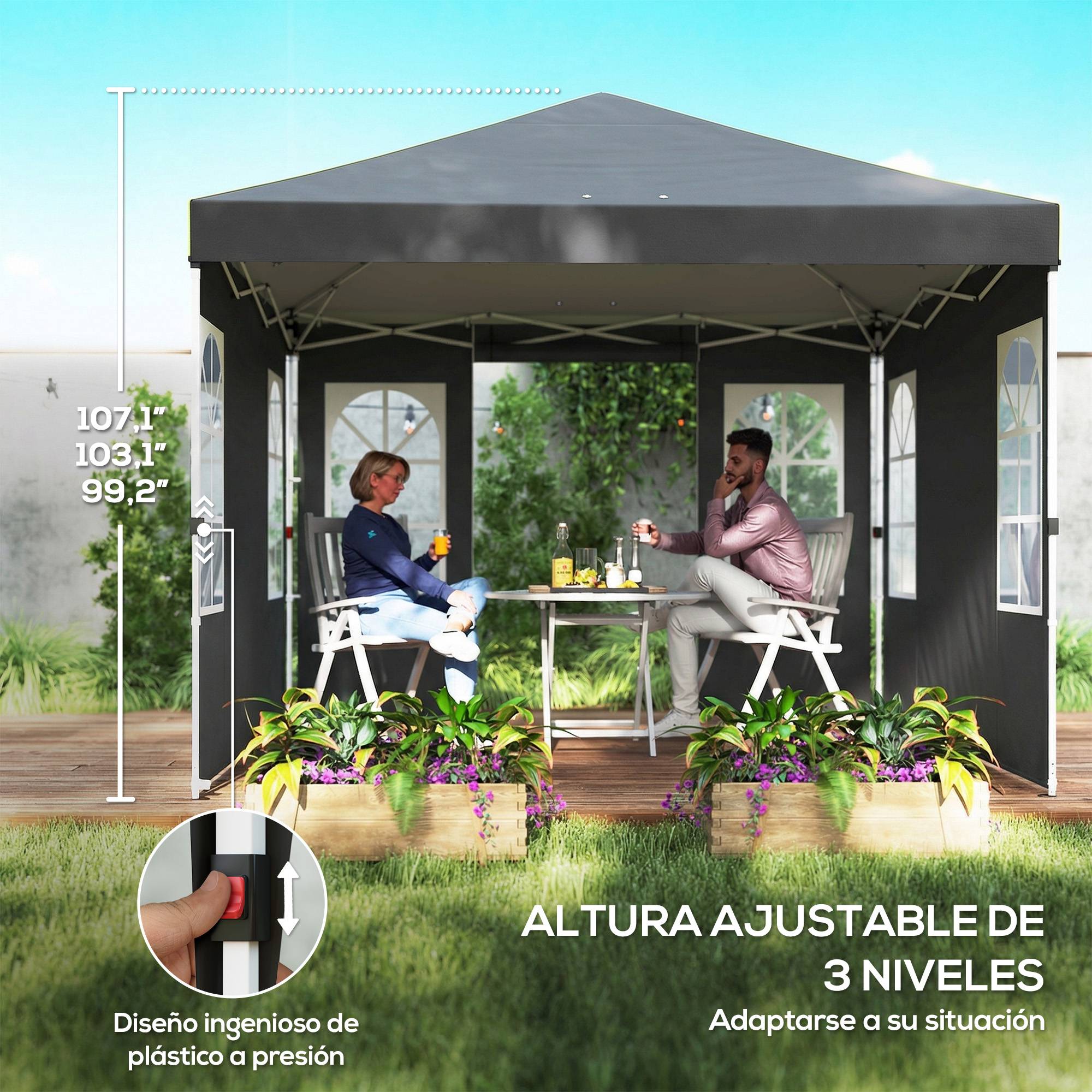 Tente pliante 3x3m, protection UPF50+, 4 panneaux latéraux amovibles, hauteur réglable et sac de transport, gris foncé - Image 9