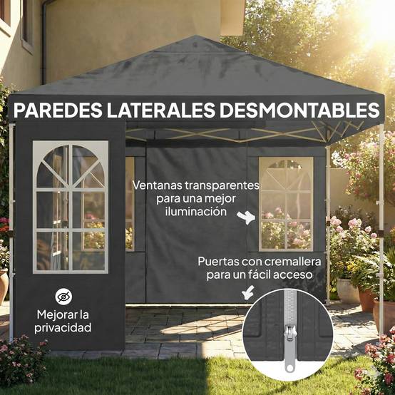 Tente pliante 3x3m, protection UPF50+, 4 panneaux latéraux amovibles, hauteur réglable et sac de transport, gris foncé - Image 10