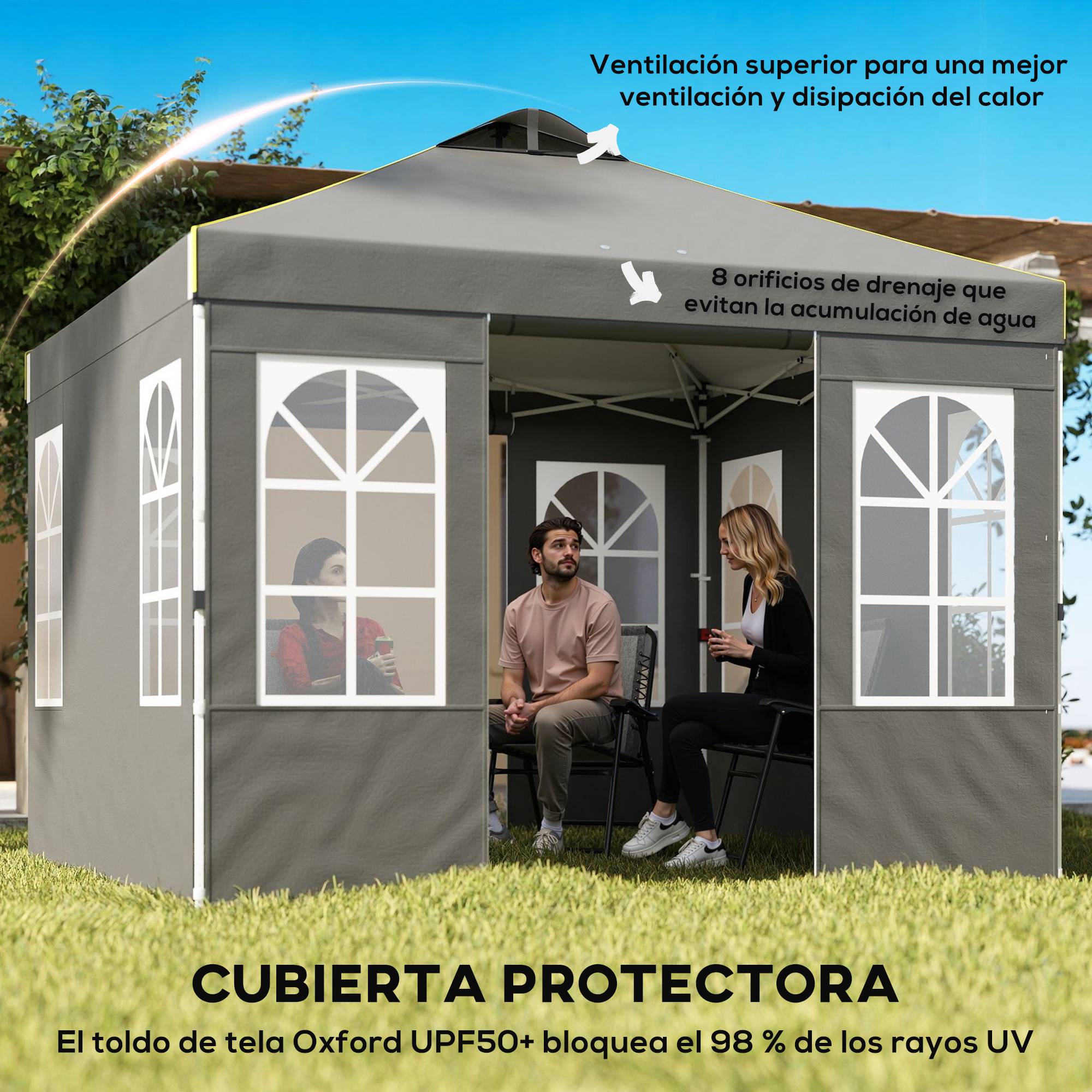 Tente pliante 3x3m, protection UPF50+, 4 panneaux latéraux amovibles, hauteur réglable et sac de transport, gris foncé - Image 6