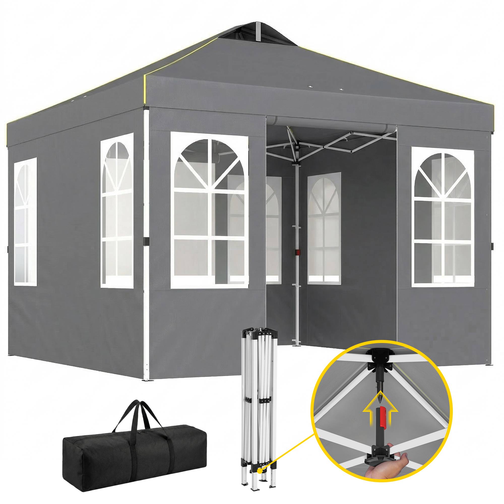Tente pliante 3x3m, protection UPF50+, 4 panneaux latéraux amovibles, hauteur réglable et sac de transport, gris foncé - Image 1