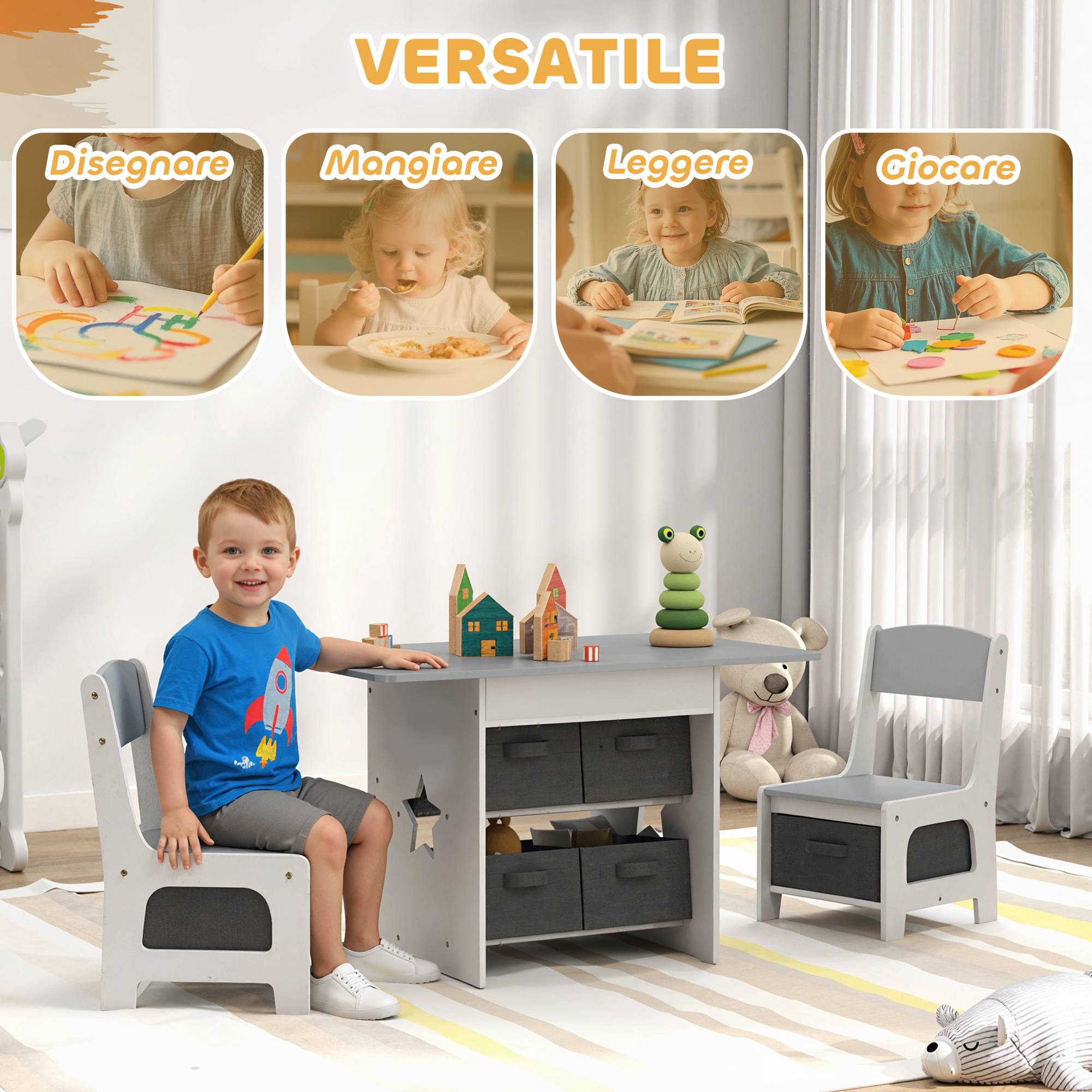 Ensemble table et chaises enfant 3-8 ans 6 tiroirs bords arrondis bois tissu, gris et blanc - Image 6
