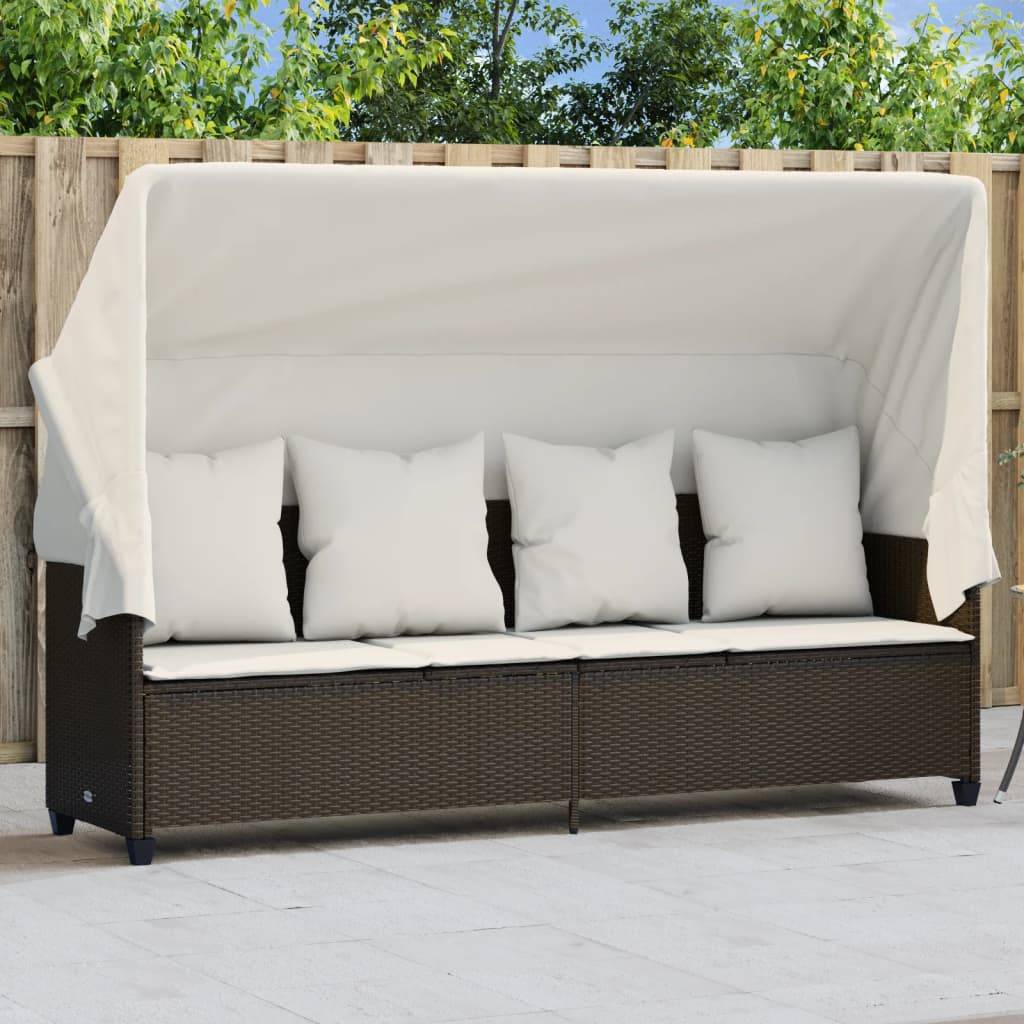 Chaise longue résine tressée marron avec auvent et coussins 204 x 75 x 140 cm, Poids :25.8kg - PANGIVO - Image 1