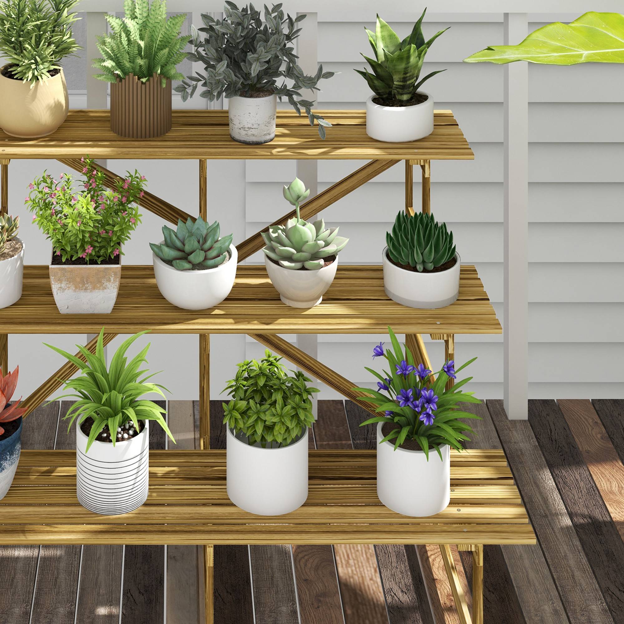 Étagère à plantes escalier 3 niveaux bois de sapin massif terrasse 120x80x78cm - ComfortXL Outdoor Living - Image 10
