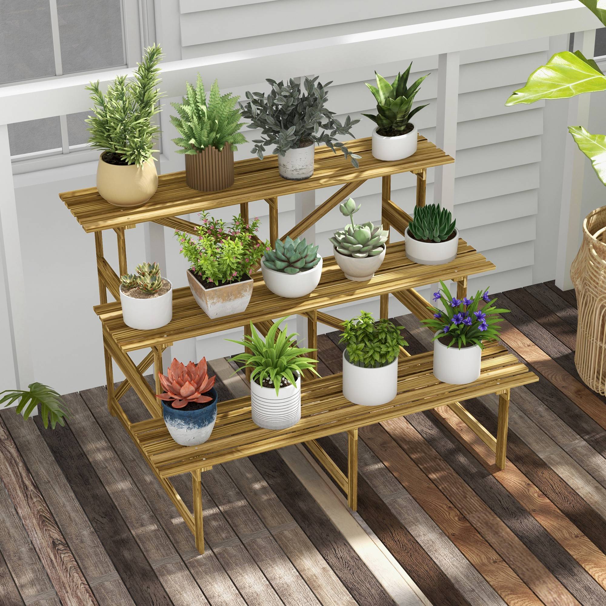 Étagère à plantes escalier 3 niveaux bois de sapin massif terrasse 120x80x78cm - ComfortXL Outdoor Living - Image 9