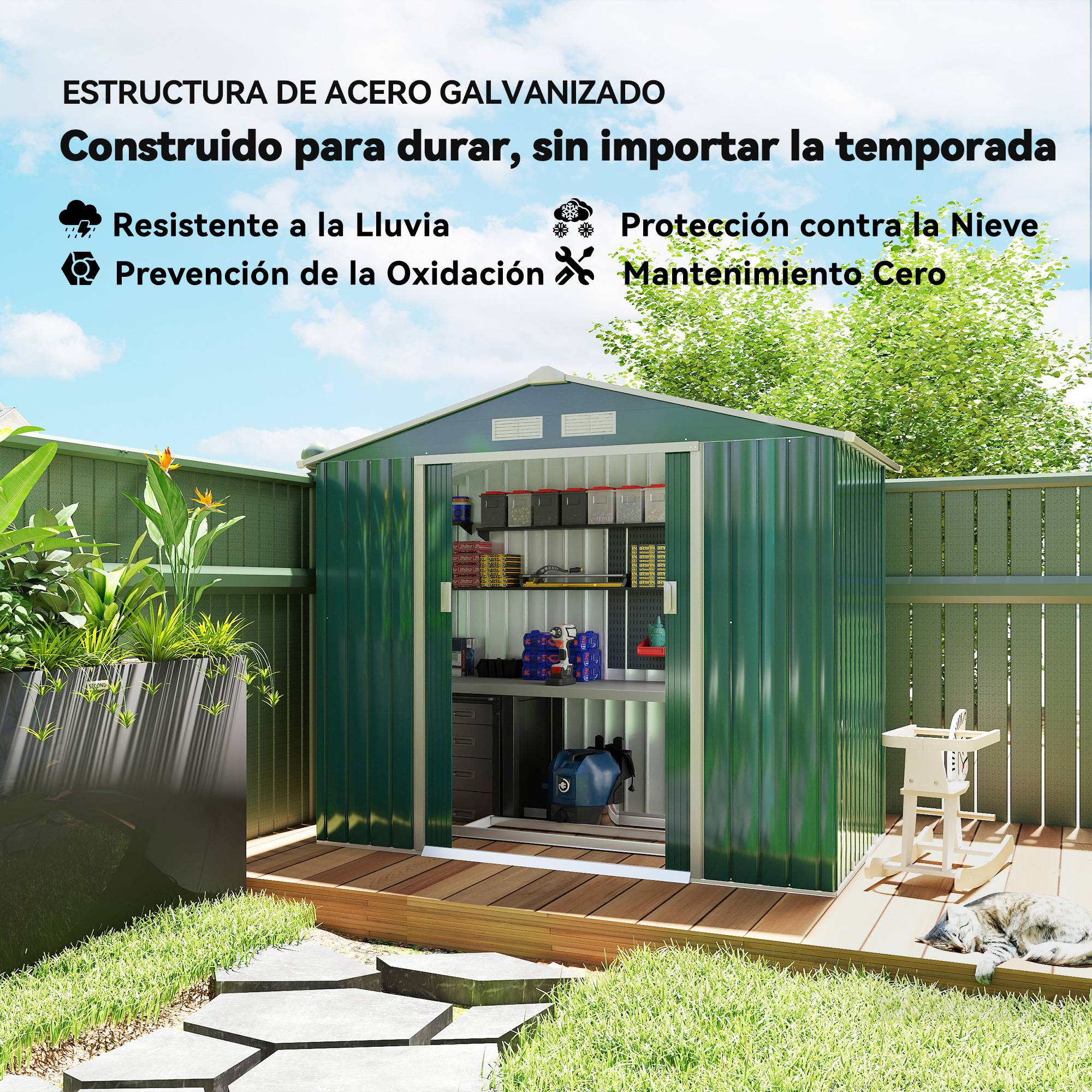Abri de jardin acier galvanisé extérieur rangement outils 213x130cm vert foncé - ComfortXL Outdoor Living - Image 6