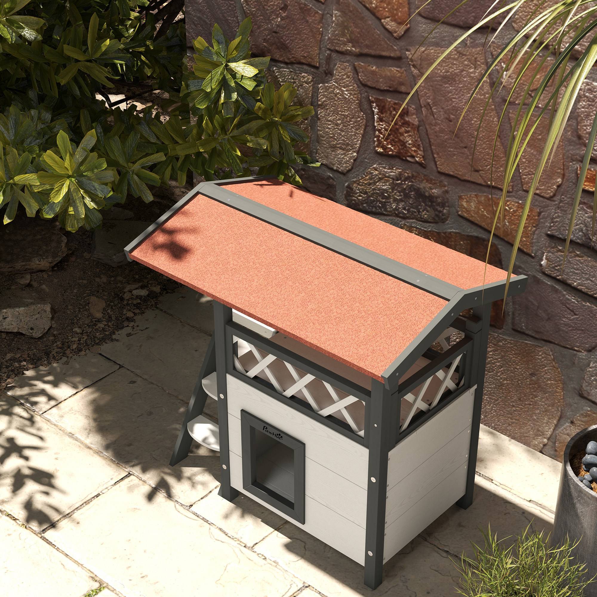 Niche pour Chat en Bois 2 Niveaux Abri Extérieur avec Balcon et Escalier 77x50x73 cm Blanc Rouge - ComfortXL Outdoor Living - Image 10