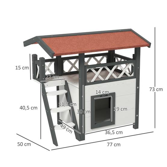 Niche pour Chat en Bois 2 Niveaux Abri Extérieur avec Balcon et Escalier 77x50x73 cm Blanc Rouge - ComfortXL Outdoor Living - Image 4