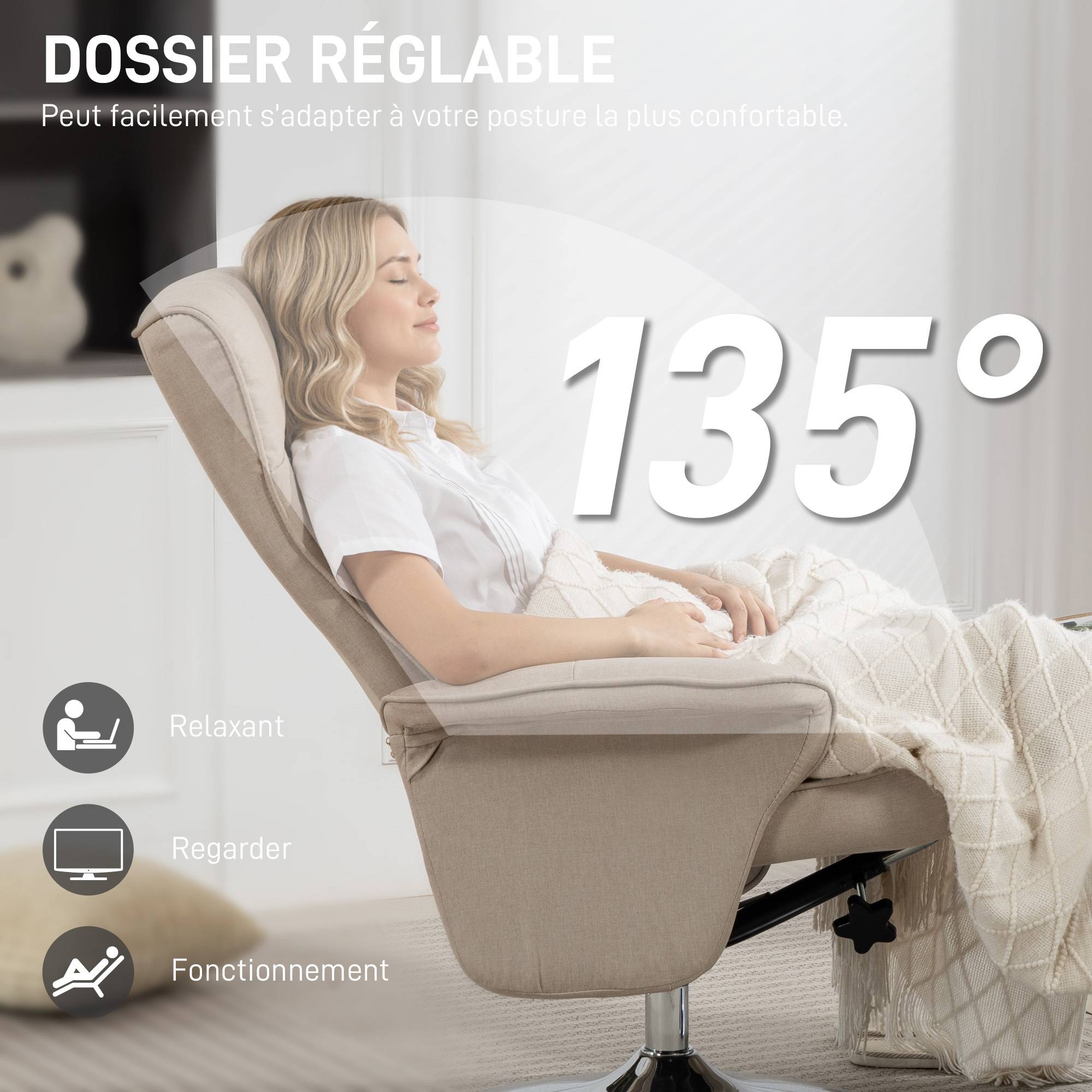 Sans Marque - Fauteuil relax inclinable 135° pivotant 360° avec repose-pieds revêtement tissu beige - Image 6