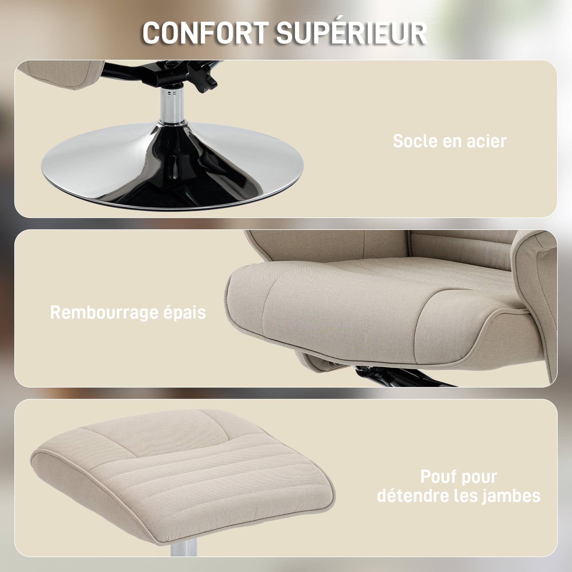 Sans Marque - Fauteuil relax inclinable 135° pivotant 360° avec repose-pieds revêtement tissu beige - Image 8