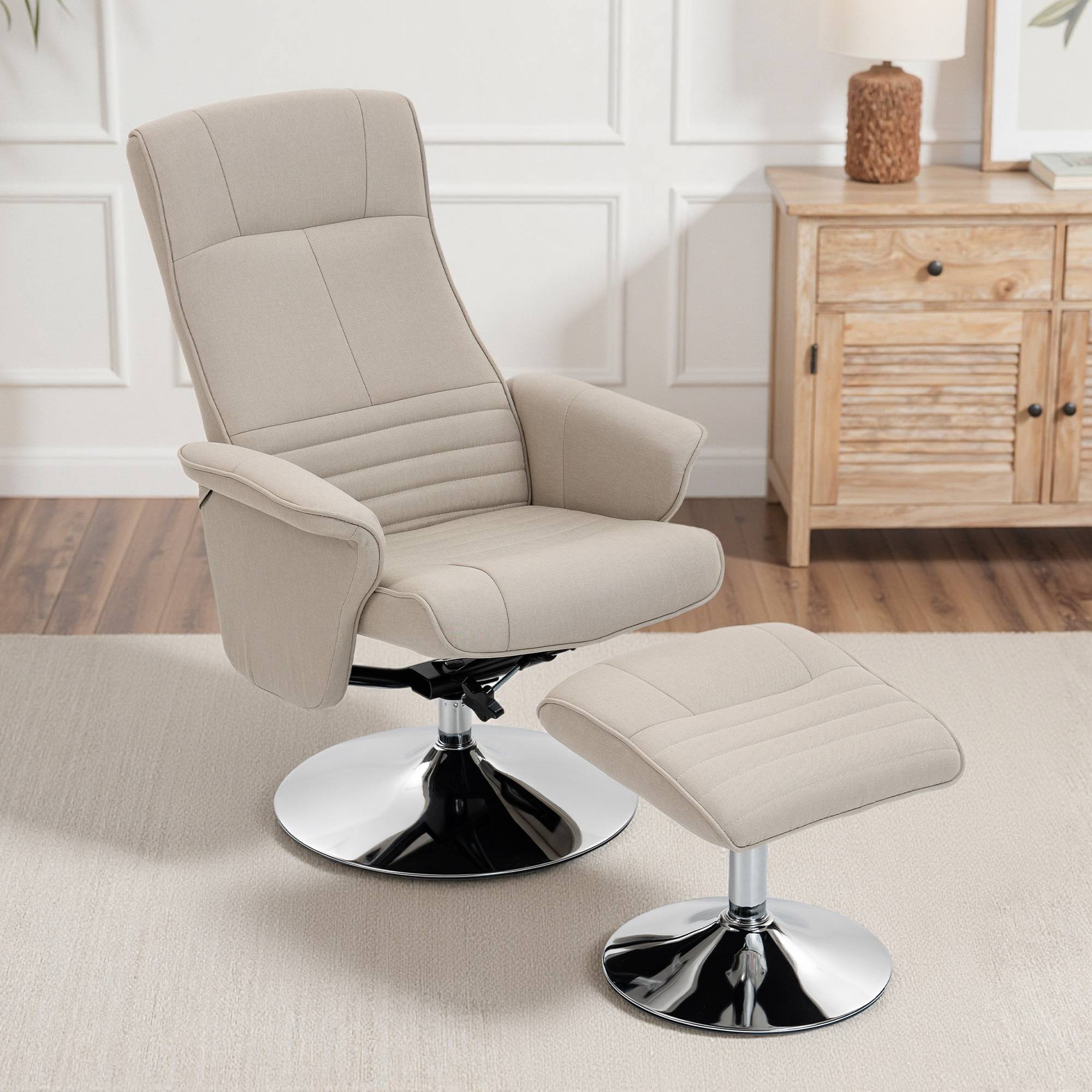 Sans Marque - Fauteuil relax inclinable 135° pivotant 360° avec repose-pieds revêtement tissu beige - Image 10