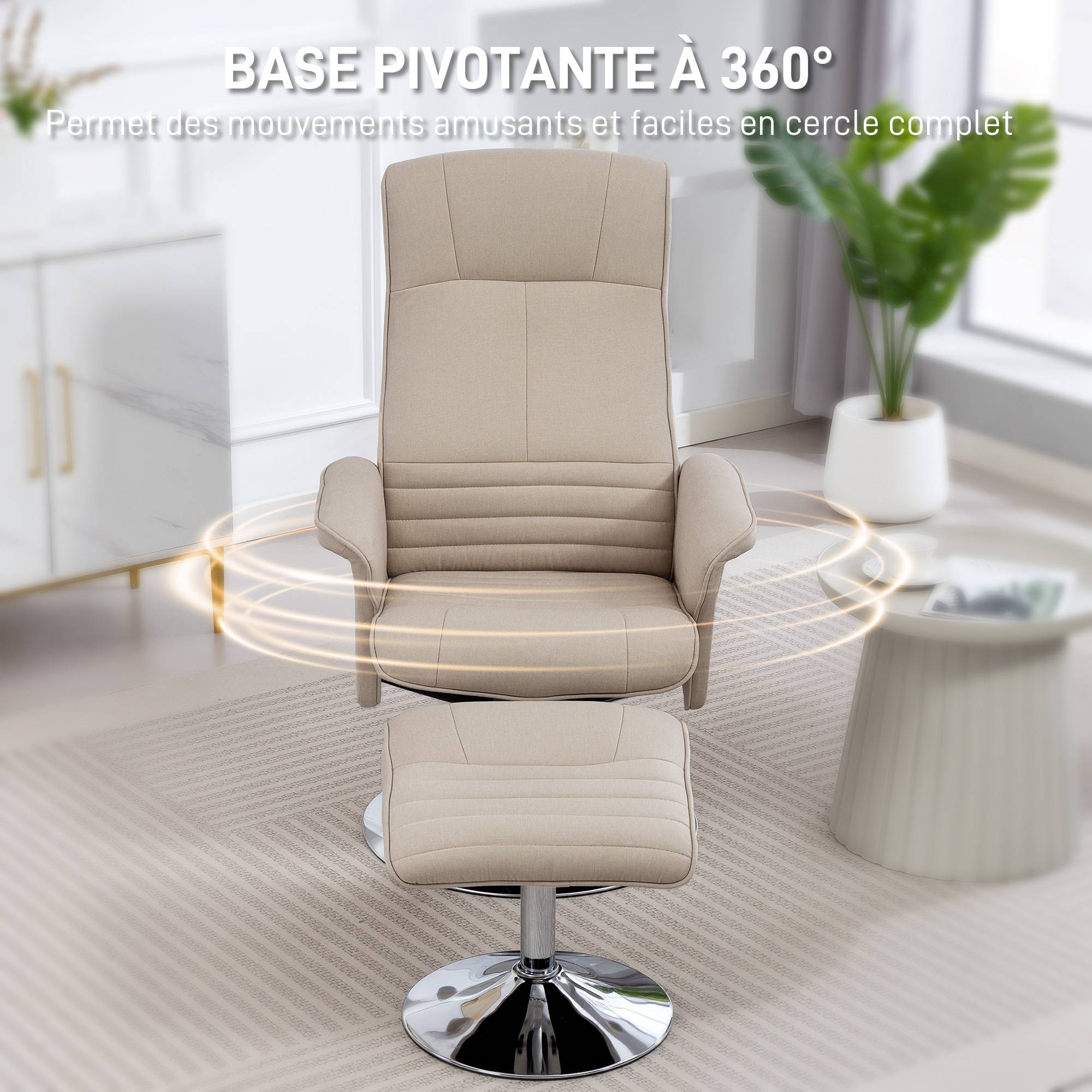 Sans Marque - Fauteuil relax inclinable 135° pivotant 360° avec repose-pieds revêtement tissu beige - Image 7