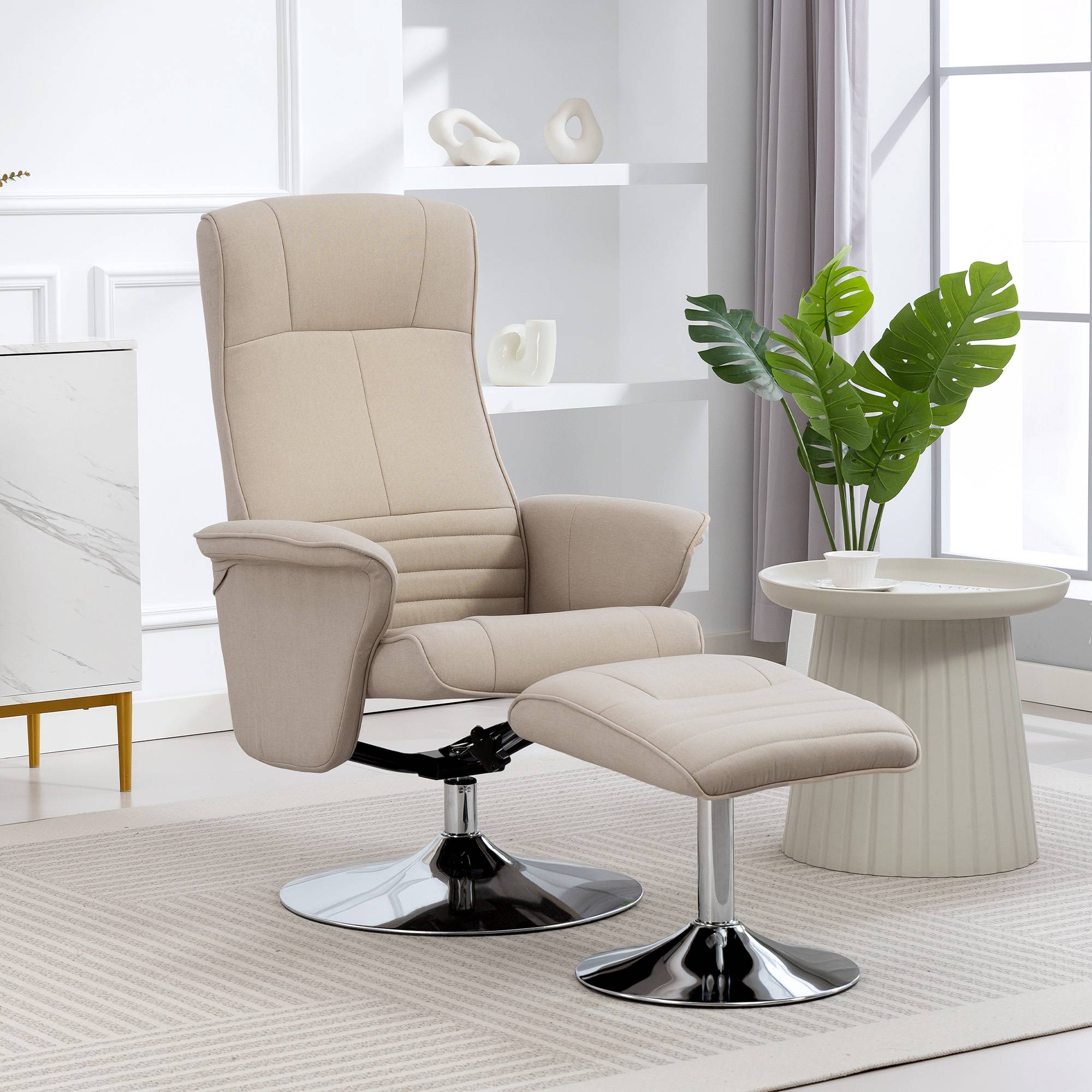 Sans Marque - Fauteuil relax inclinable 135° pivotant 360° avec repose-pieds revêtement tissu beige - Image 4