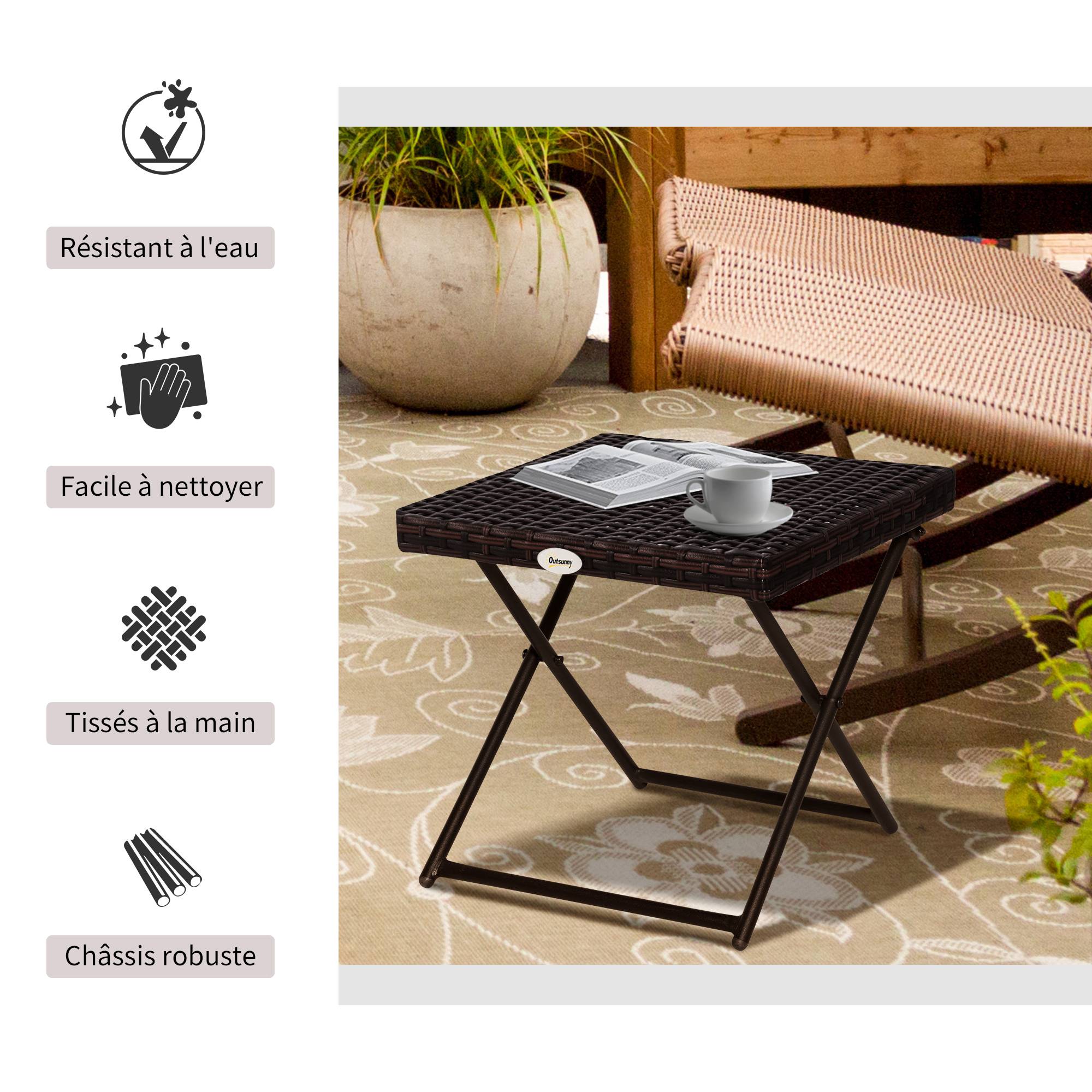 Table basse pliable de jardin style cosy chic dim. 40L x 40l x 40H cm acier résine tressée imitation rotin marron - Image 7