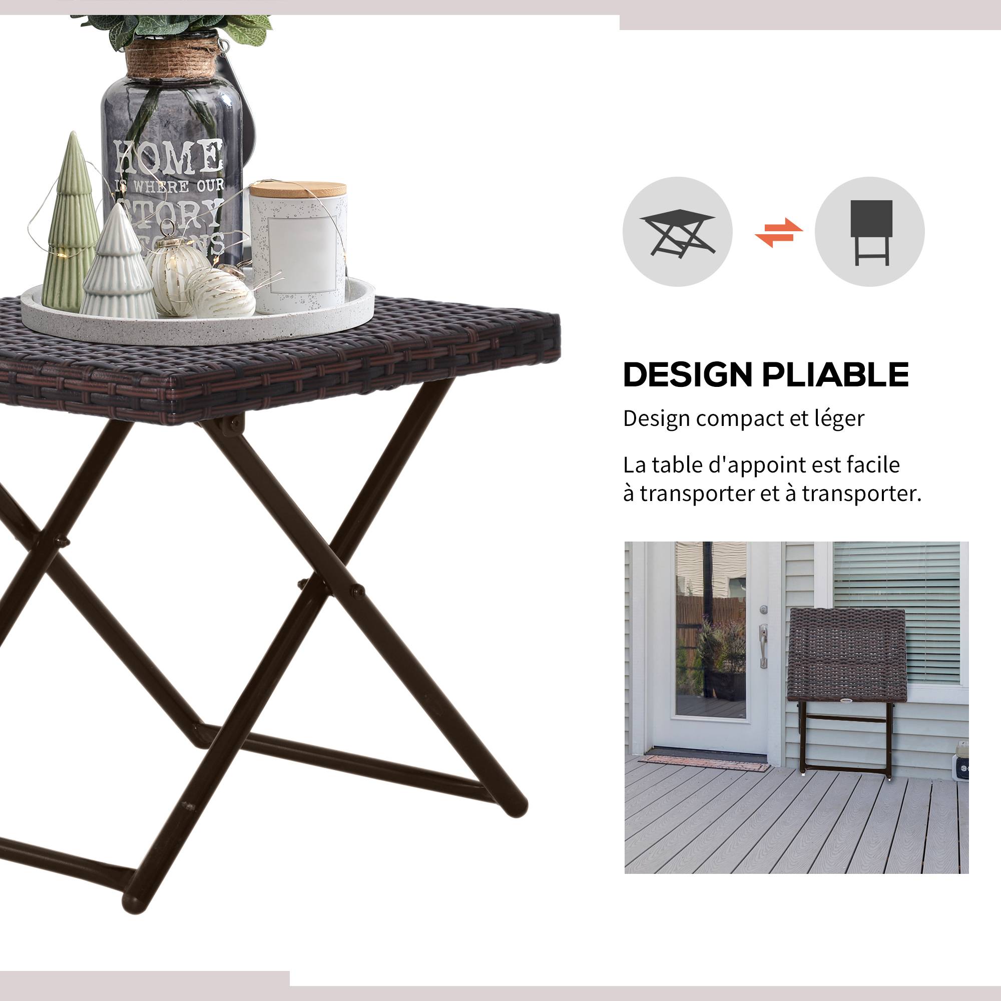 Table basse pliable de jardin style cosy chic dim. 40L x 40l x 40H cm acier résine tressée imitation rotin marron - Image 6