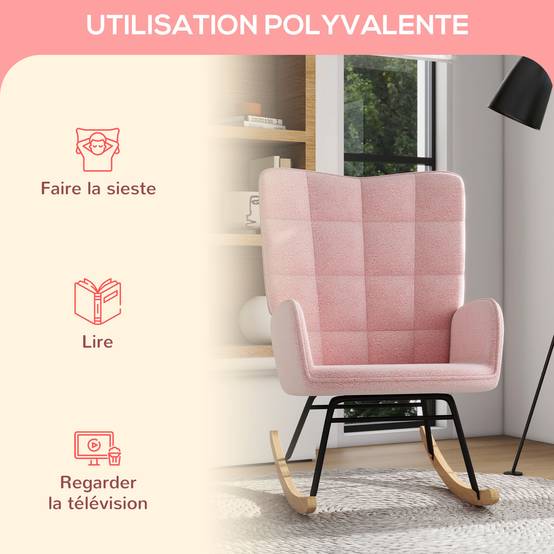 Sans Marque - Fauteuil à bascule rocking chair revêtement bouclette structure en acier 71 x 98 x 101 cm rose - Image 8