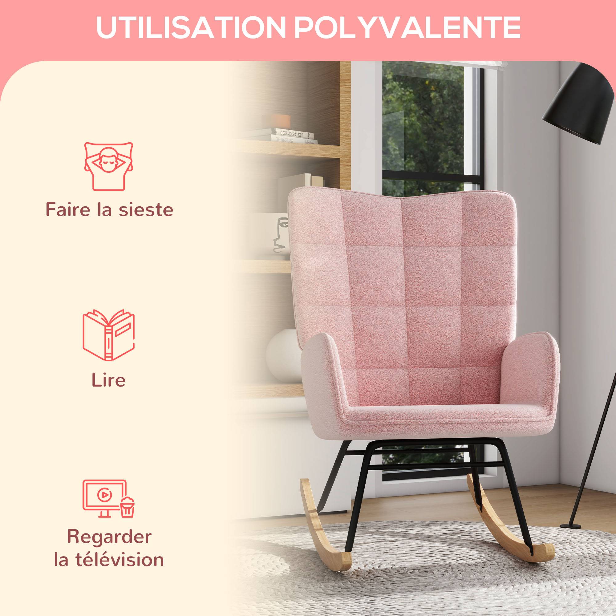 Sans Marque - Fauteuil à bascule rocking chair revêtement bouclette structure en acier 71 x 98 x 101 cm rose - Image 8
