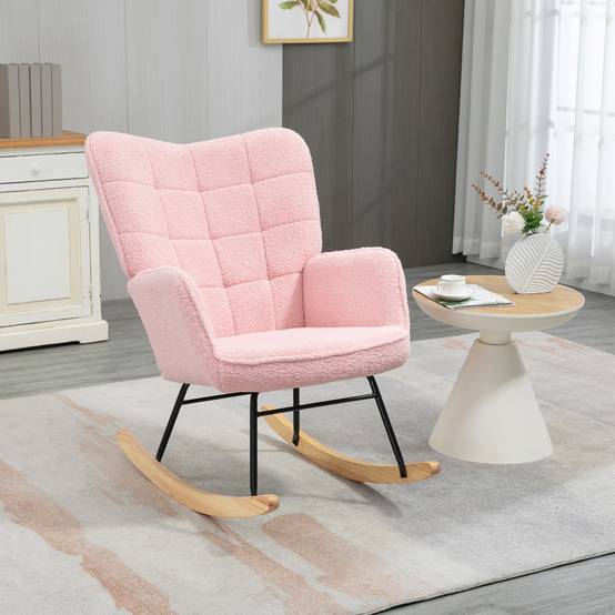 Sans Marque - Fauteuil à bascule rocking chair revêtement bouclette structure en acier 71 x 98 x 101 cm rose - Image 3