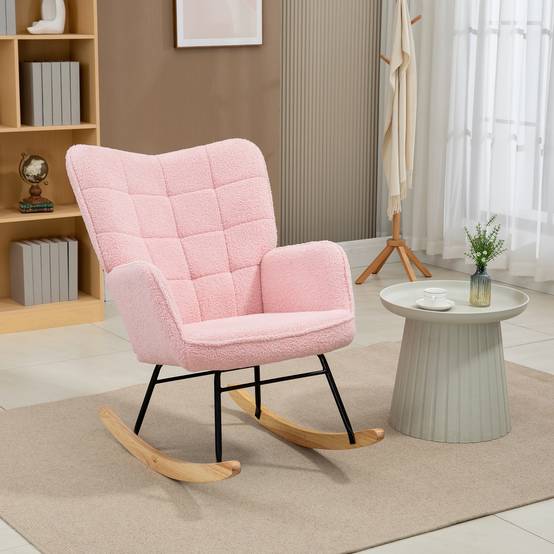 Sans Marque - Fauteuil à bascule rocking chair revêtement bouclette structure en acier 71 x 98 x 101 cm rose - Image 4