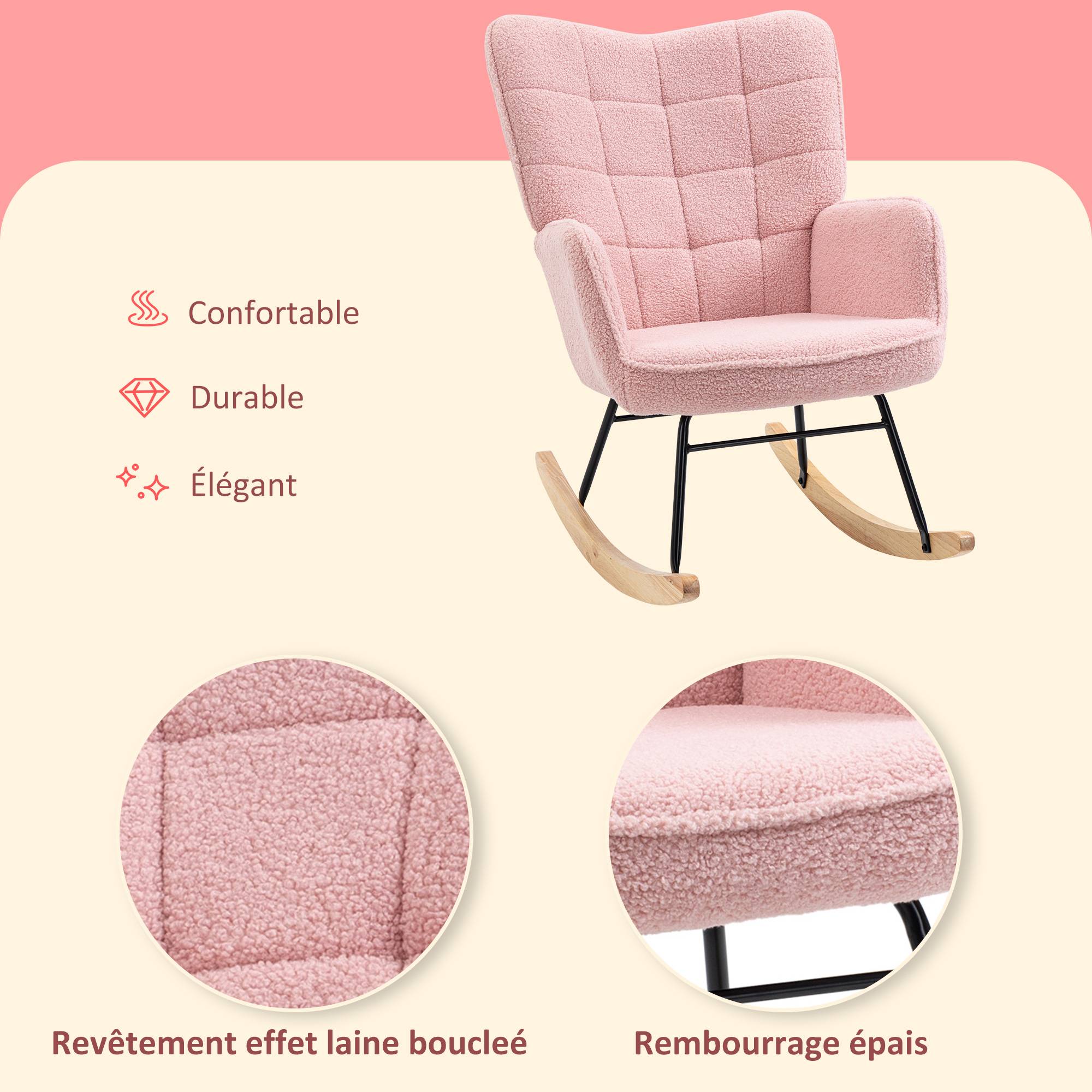 Sans Marque - Fauteuil à bascule rocking chair revêtement bouclette structure en acier 71 x 98 x 101 cm rose - Image 7