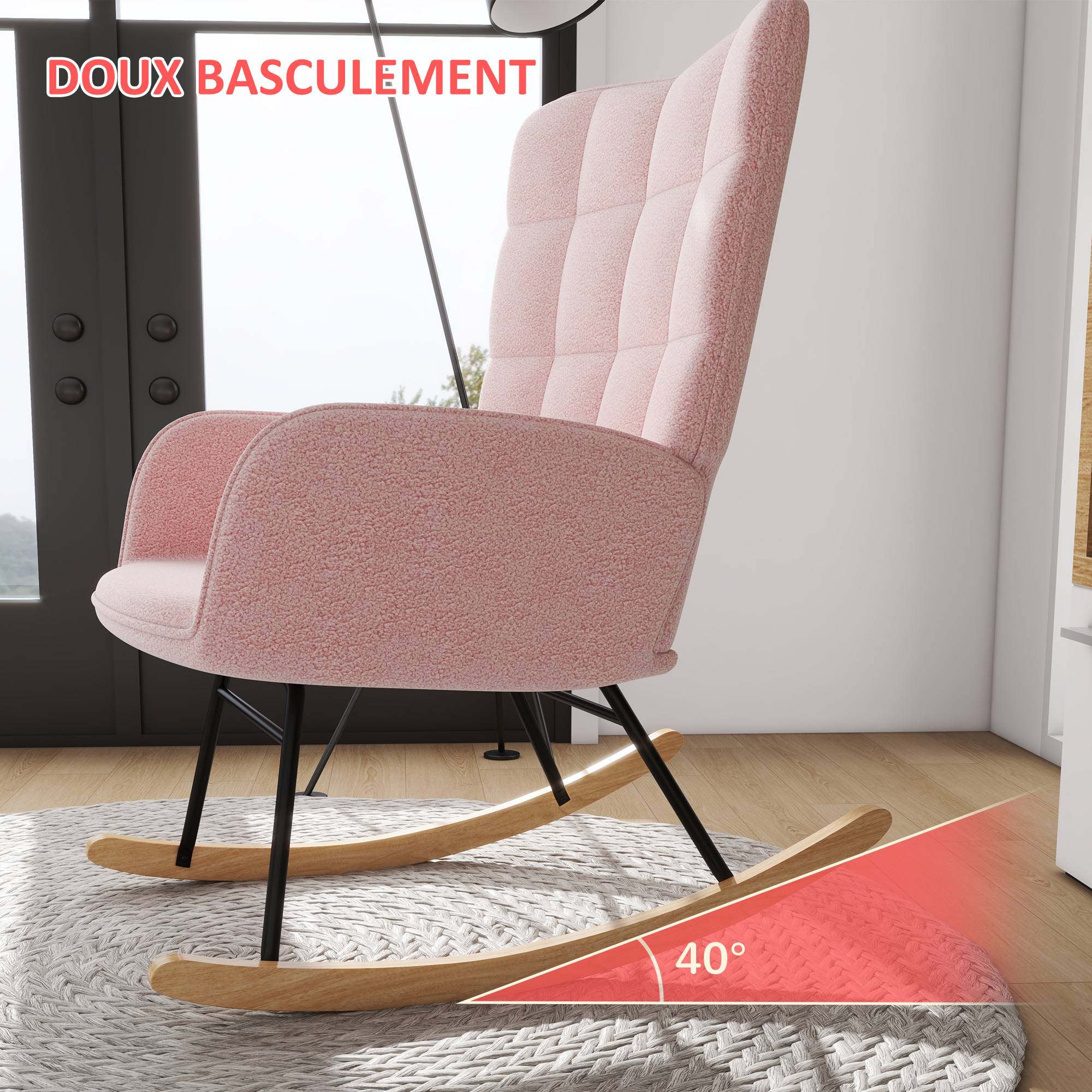Sans Marque - Fauteuil à bascule rocking chair revêtement bouclette structure en acier 71 x 98 x 101 cm rose - Image 6