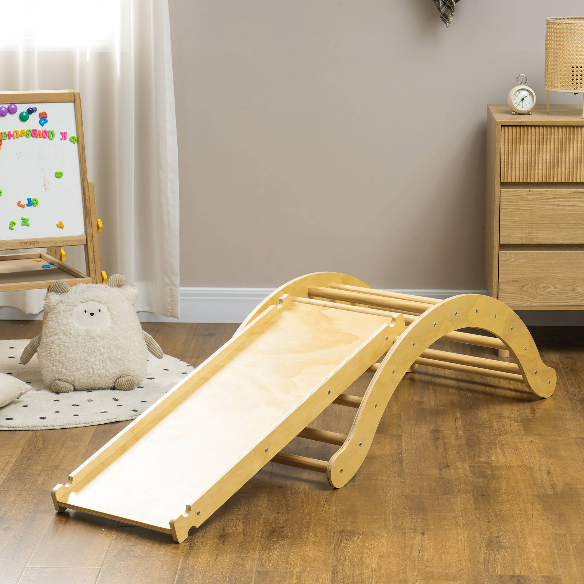 4 en 1 Arche escalade enfants, chaise à bascule, rampe d'escalade double face et coussin, 168x49,5x39,5cm, bois naturel - Image 4