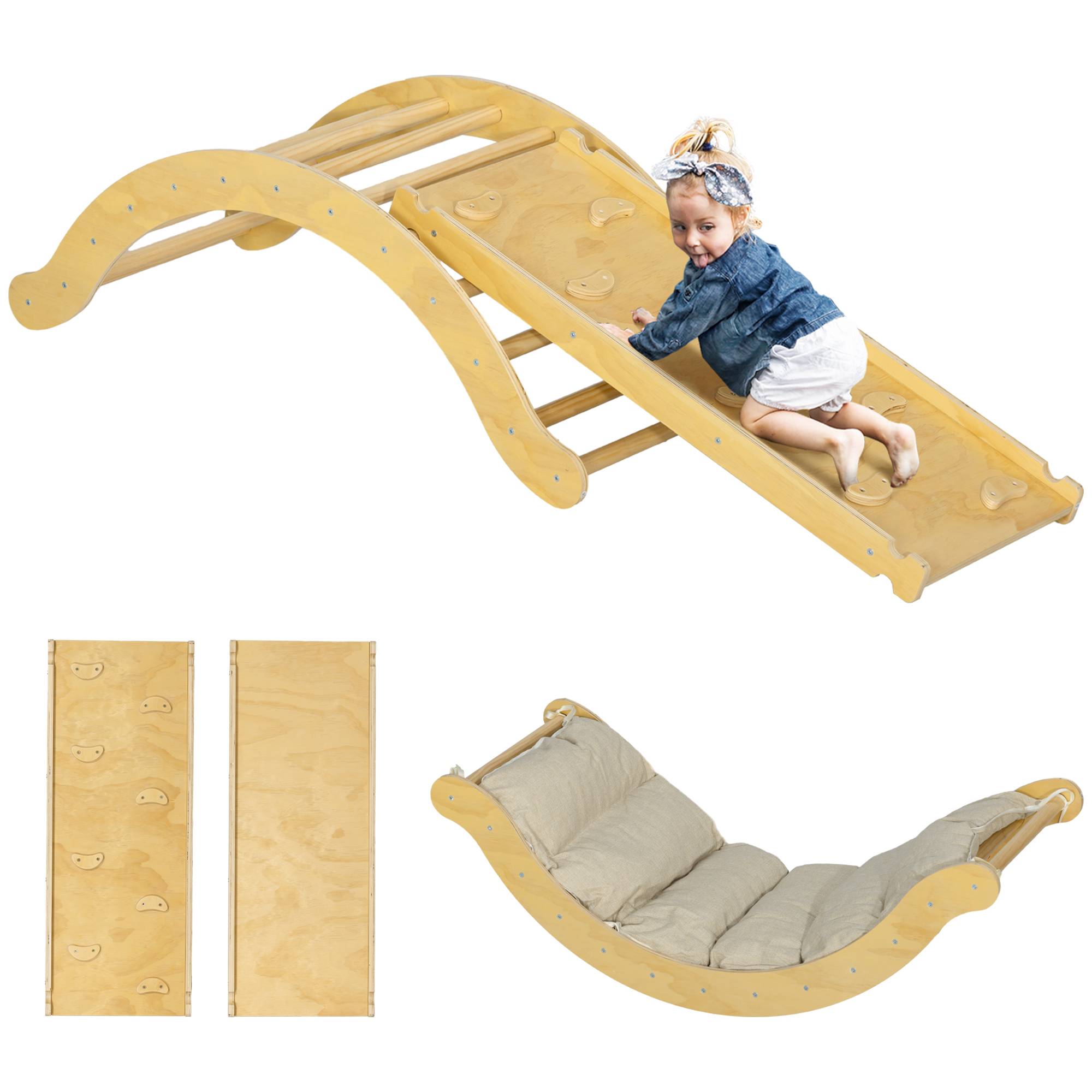 4 en 1 Arche escalade enfants, chaise à bascule, rampe d'escalade double face et coussin, 168x49,5x39,5cm, bois naturel