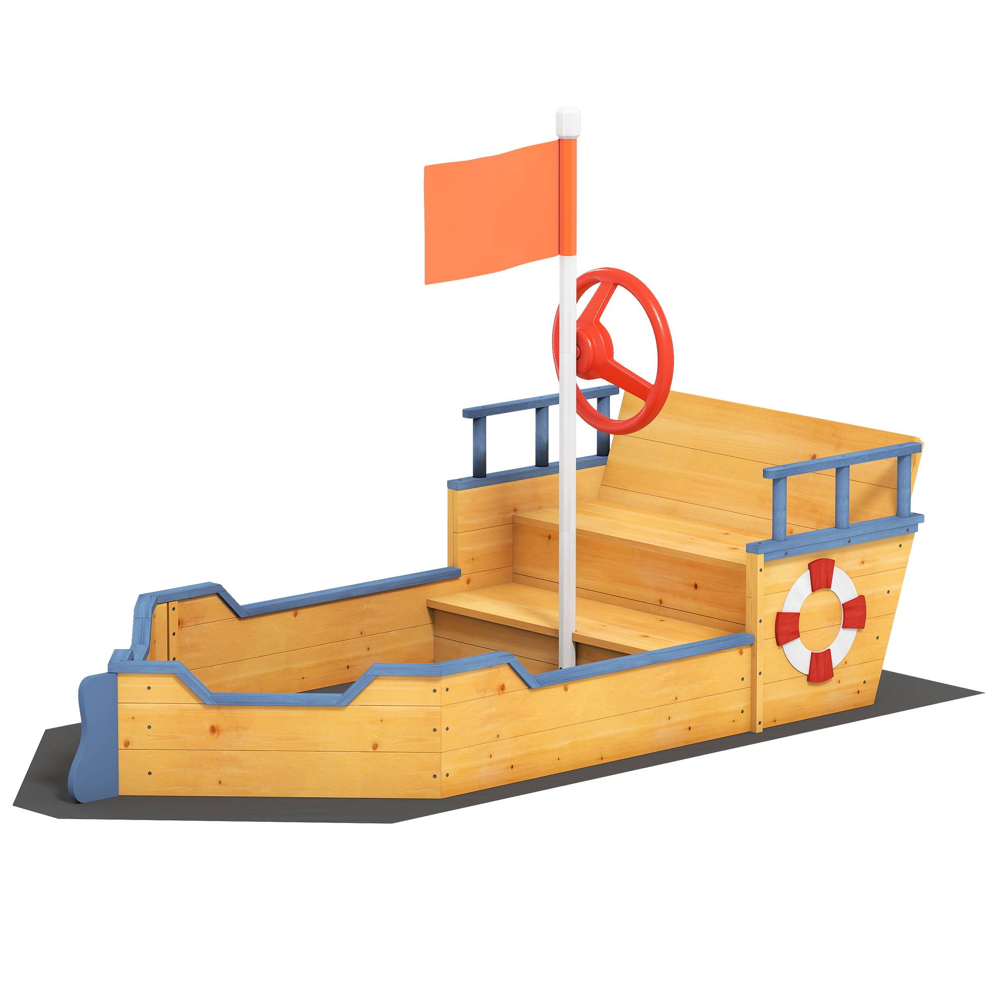 Bac à sable en bois naturel décor galion marches rangement drapeau et roue dès 3 ans 158 × 78 × 45,5 cm - Image 2