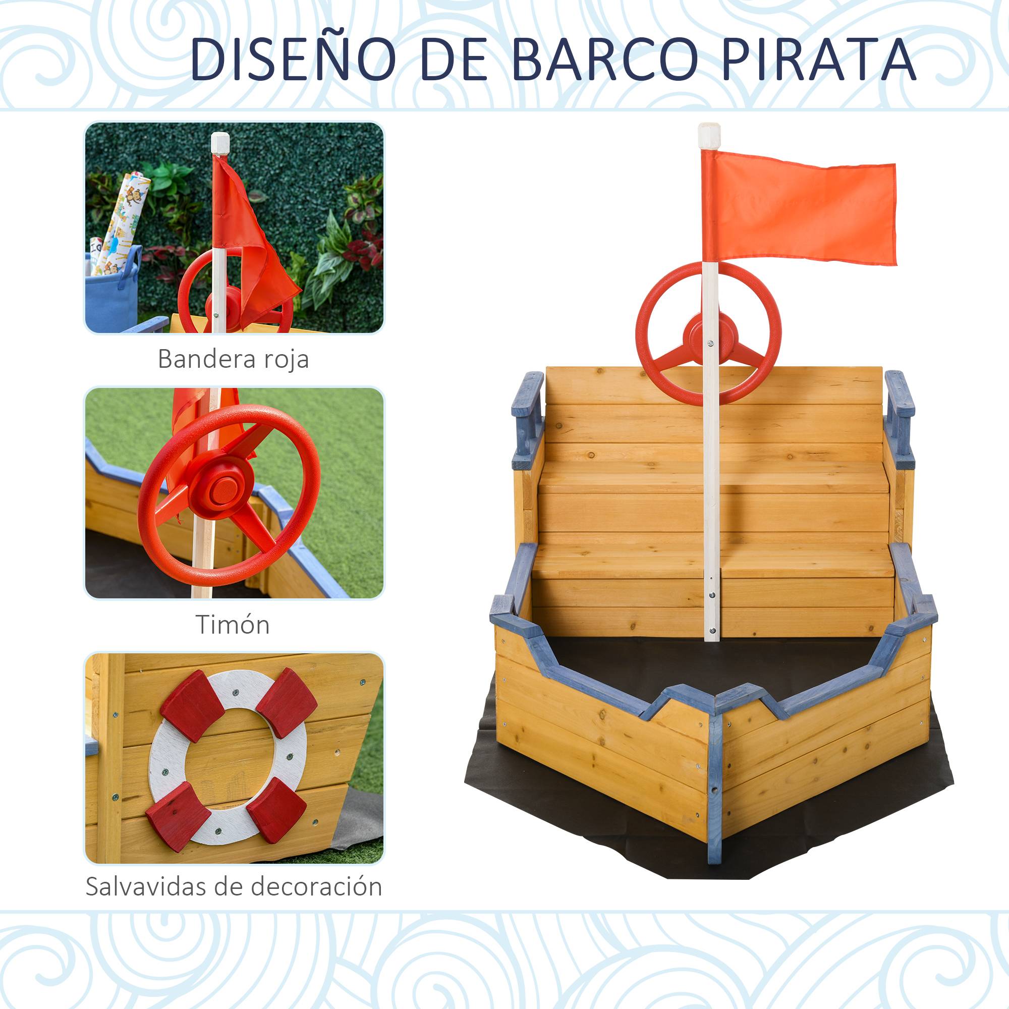 Bac à sable en bois naturel décor galion marches rangement drapeau et roue dès 3 ans 158 × 78 × 45,5 cm - Image 8