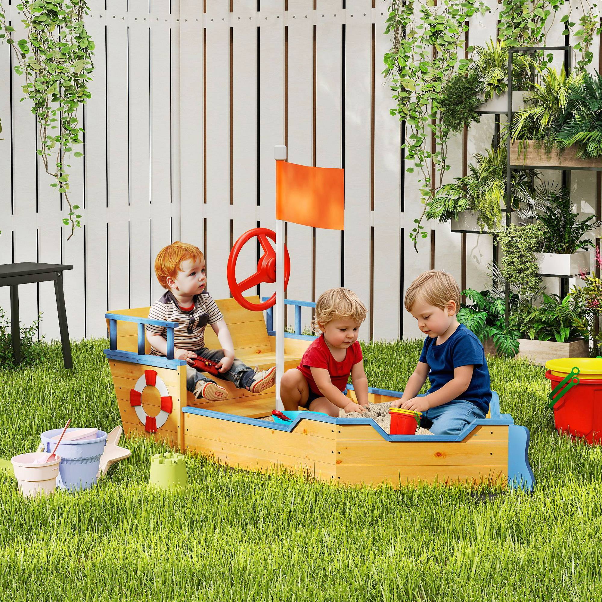Bac à sable en bois naturel décor galion marches rangement drapeau et roue dès 3 ans 158 × 78 × 45,5 cm - Image 3