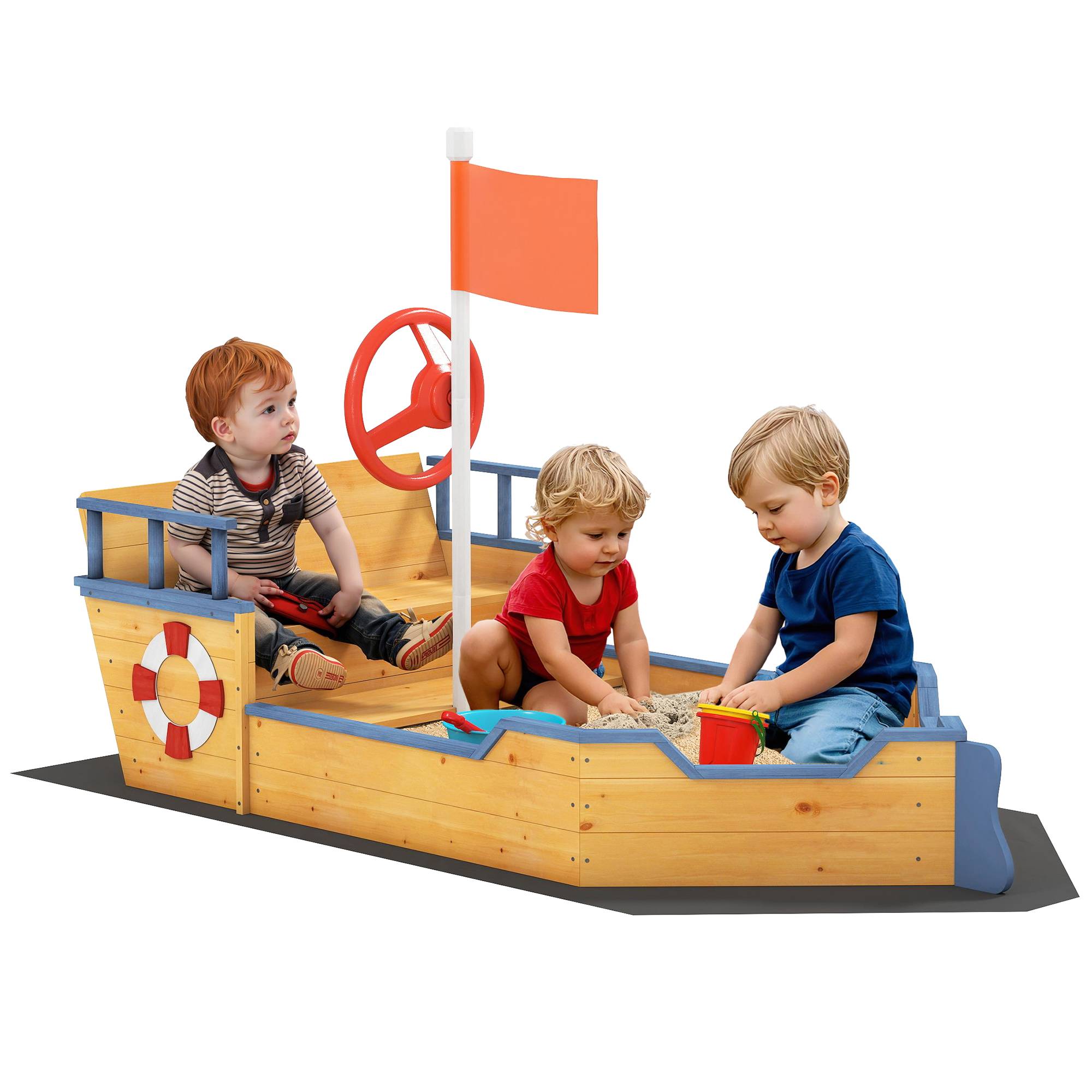 Bac à sable en bois naturel décor galion marches rangement drapeau et roue dès 3 ans 158 × 78 × 45,5 cm - Image 1