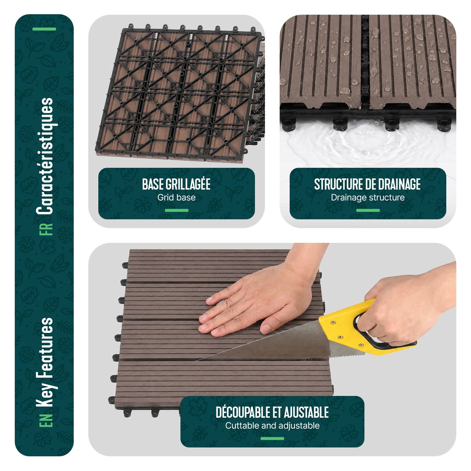 Vounot - Lot de 11 Dalles clipsables extérieur 30x30 cm - WPC - Caillebotis de terrasse antidérapant et drainant - Marron - VOUNOT® - Image 6