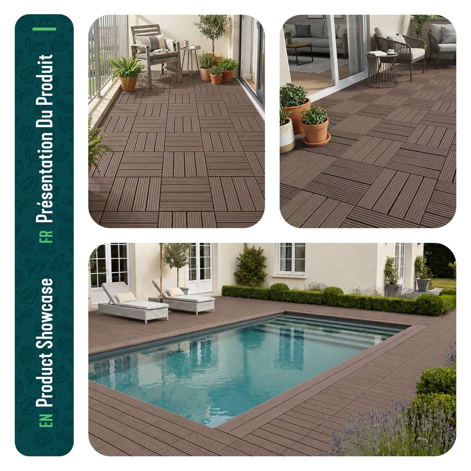 Vounot - Lot de 11 Dalles clipsables extérieur 30x30 cm - WPC - Caillebotis de terrasse antidérapant et drainant - Marron - VOUNOT® - Image 7