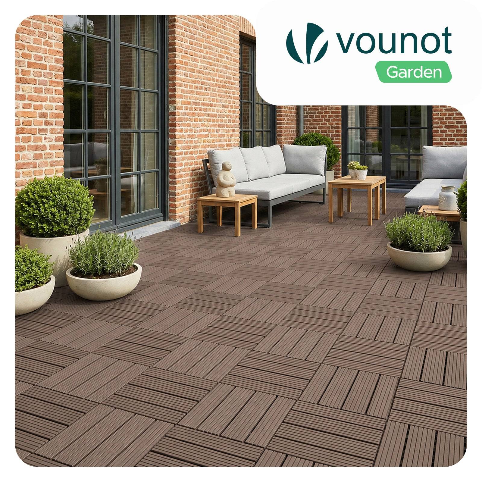 Vounot - Lot de 11 Dalles clipsables extérieur 30x30 cm - WPC - Caillebotis de terrasse antidérapant et drainant - Marron - VOUNOT® - Image 2