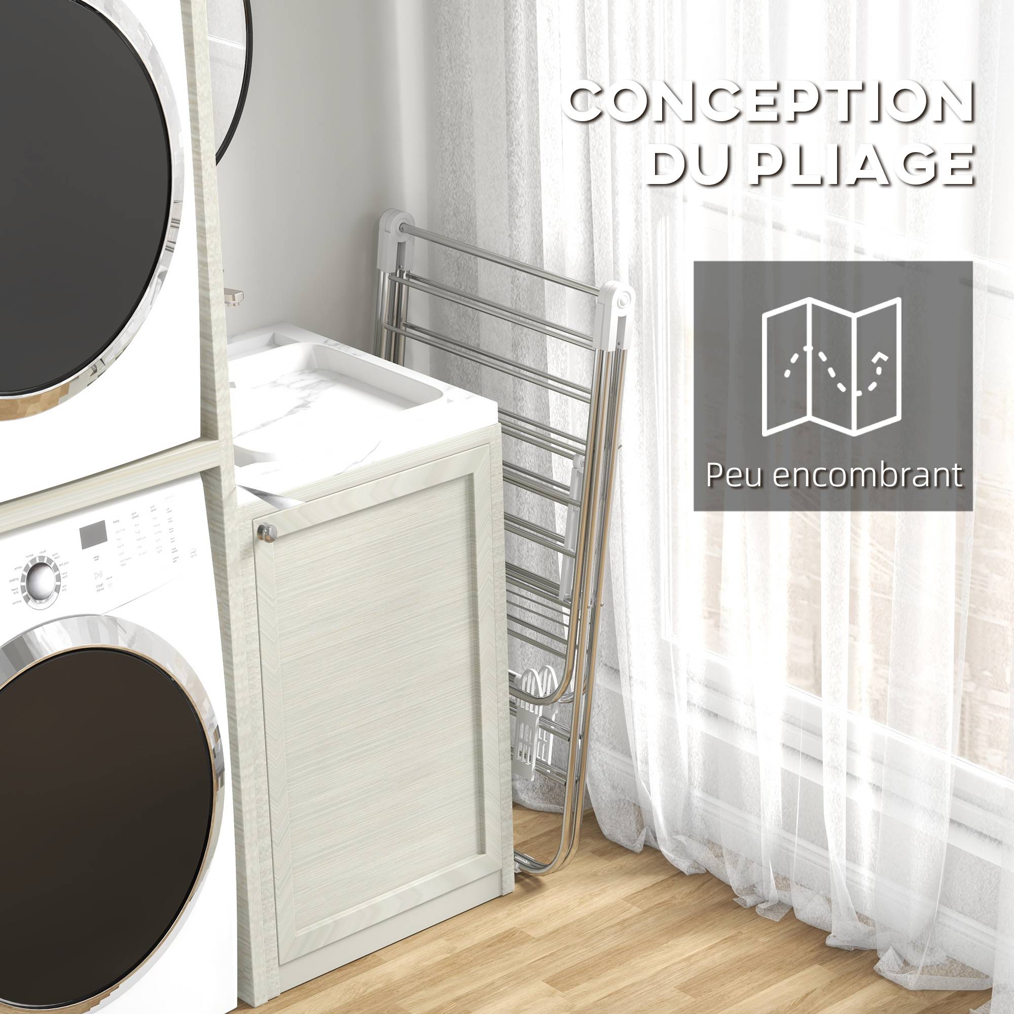 Homcom - Séchoir à linge pliable 2 niveaux ajustables 148x60,5x98 cm pour séchage intérieur/extérieur acier blanc - HOMCOM - Image 6