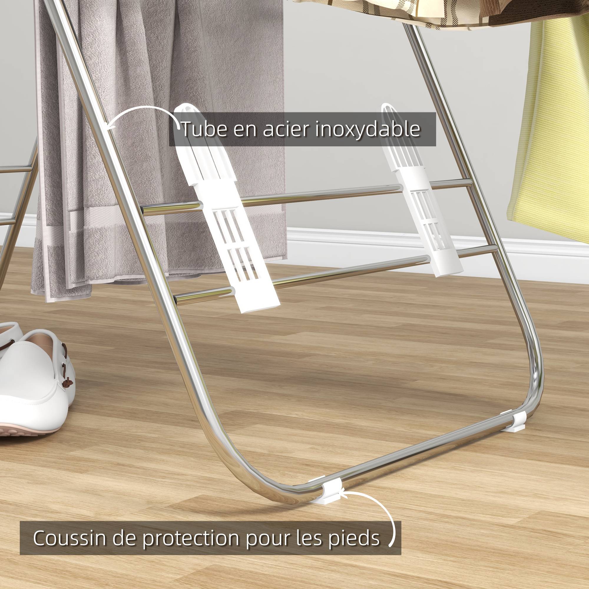 Homcom - Séchoir à linge pliable 2 niveaux ajustables 148x60,5x98 cm pour séchage intérieur/extérieur acier blanc - HOMCOM - Image 7