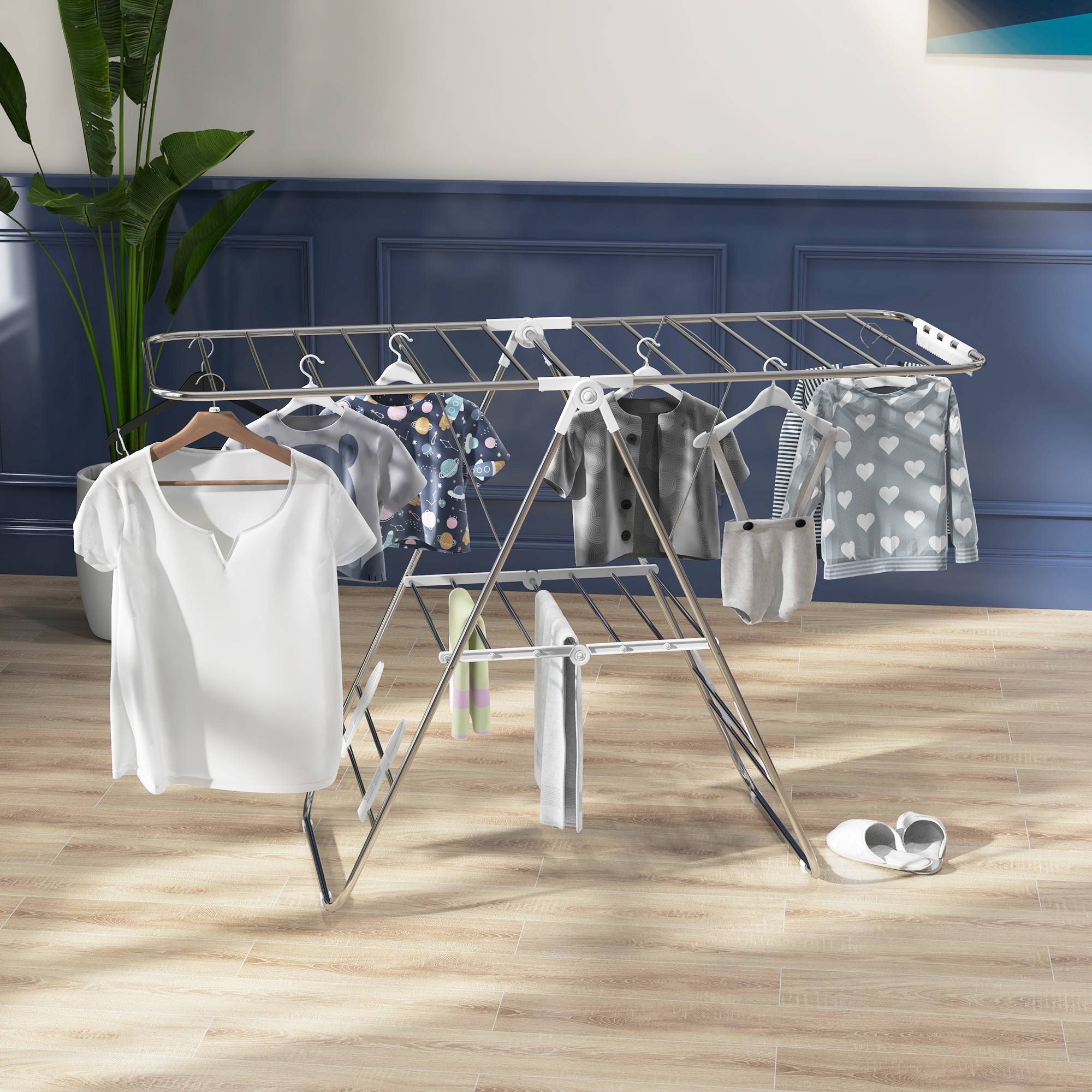 Homcom - Séchoir à linge pliable 2 niveaux ajustables 148x60,5x98 cm pour séchage intérieur/extérieur acier blanc - HOMCOM - Image 2