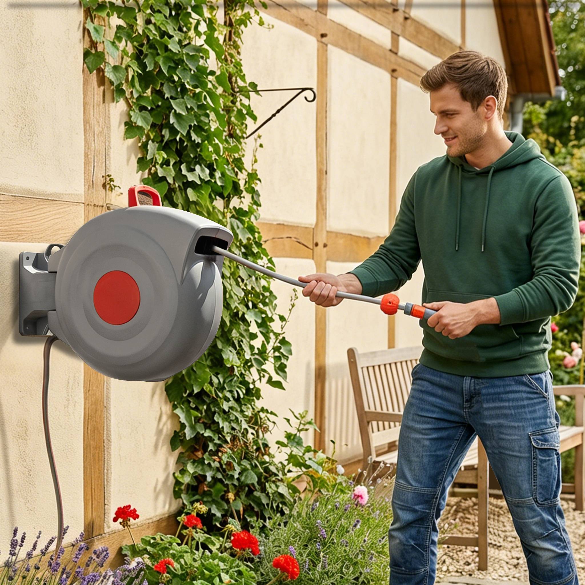 Dévidoir mural automatique plastique jardin arrosage pivotant 180° 30m gris - ComfortXL Outdoor Living - Image 1