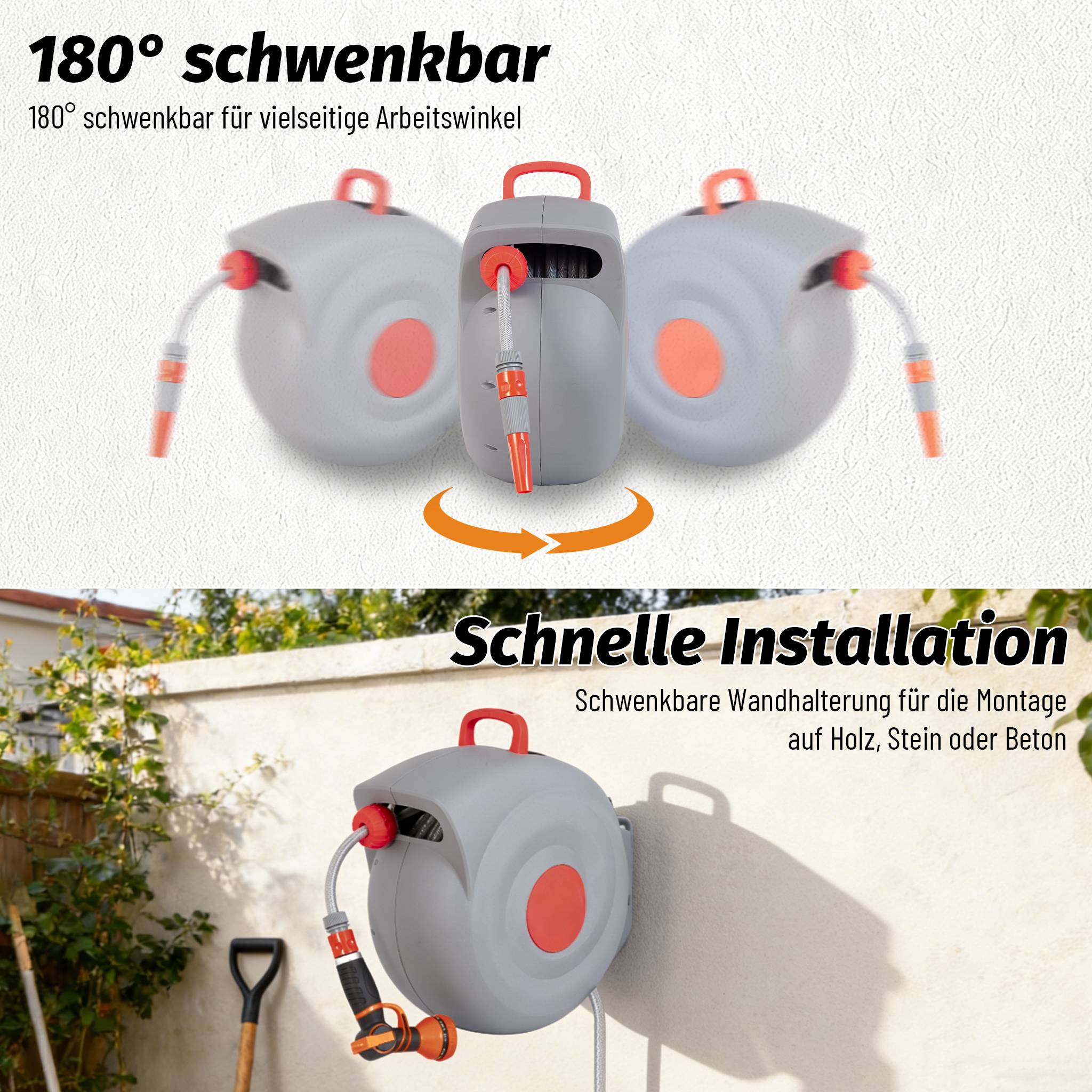 Dévidoir mural automatique plastique jardin arrosage pivotant 180° 30m gris - ComfortXL Outdoor Living - Image 5