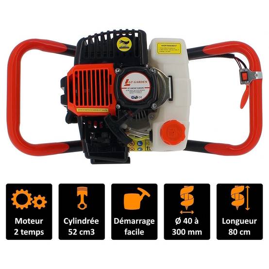 Gt Garden - Tarière thermique 52 cm3, 3 CV + lot de 3 mèches (100, 150 et 200 mm) - GT GARDEN - Image 2