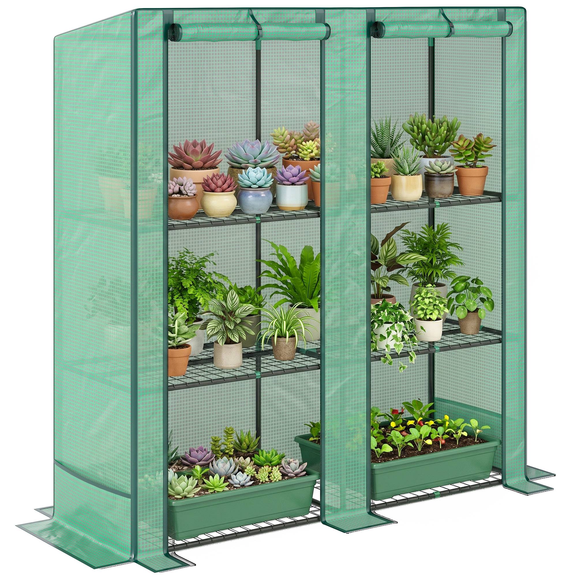 Serre balcon étagères métalliques 144x48x152 cm toit incliné PE verte pour culture plantes et jardin - Image 1