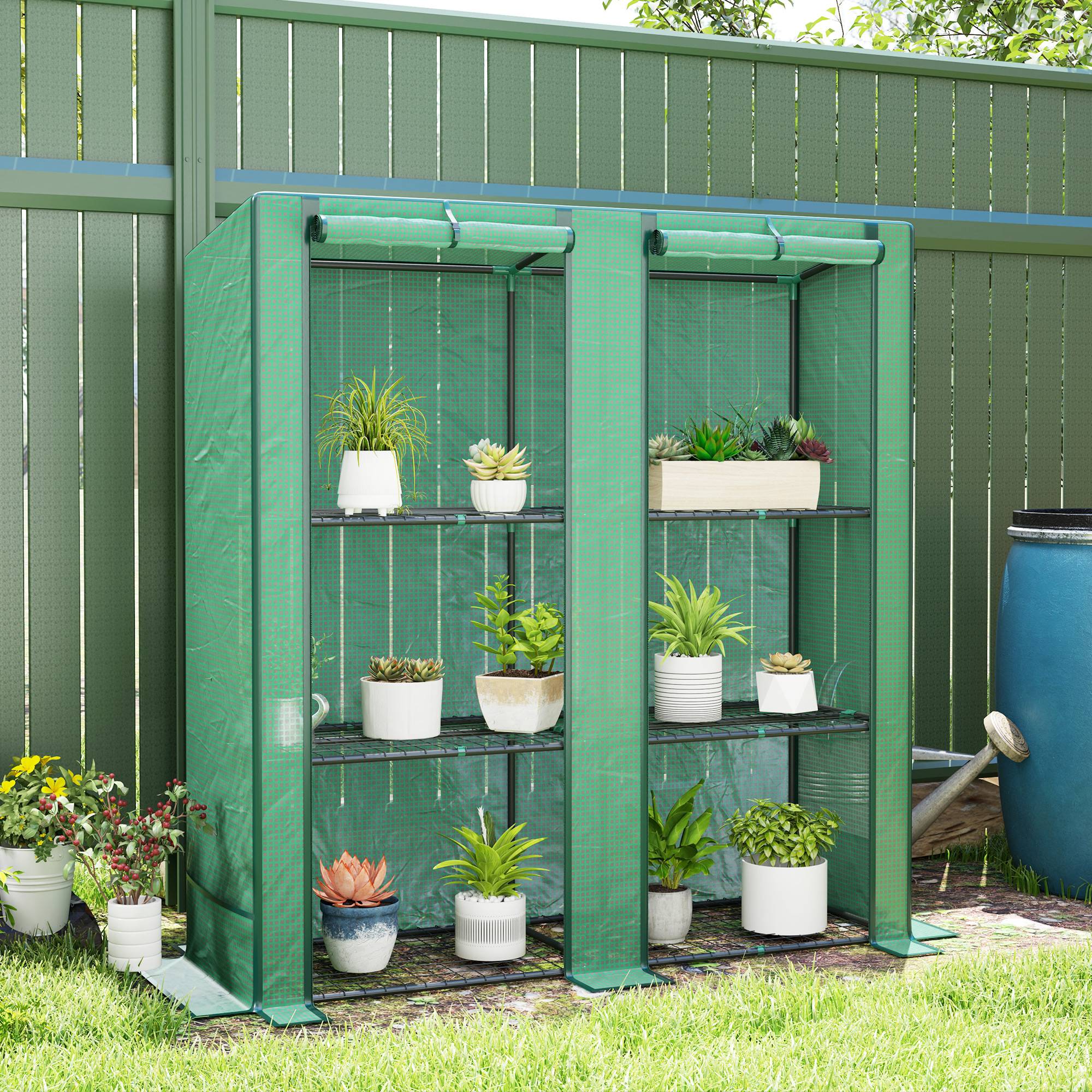 Serre balcon étagères métalliques 144x48x152 cm toit incliné PE verte pour culture plantes et jardin - Image 4
